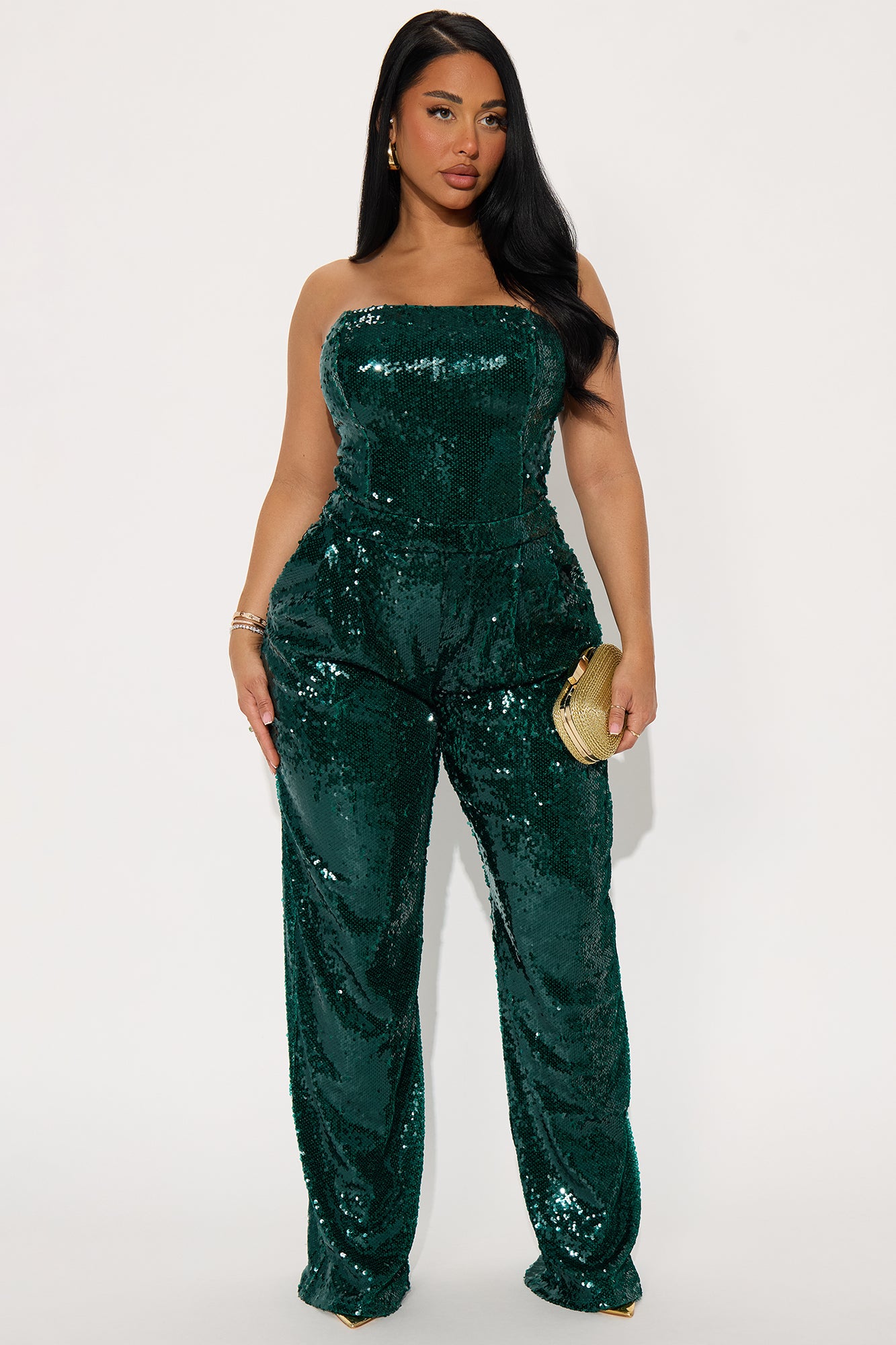 Lulu Sequin Strapless Wide Leg Jumpsuit - Emerald