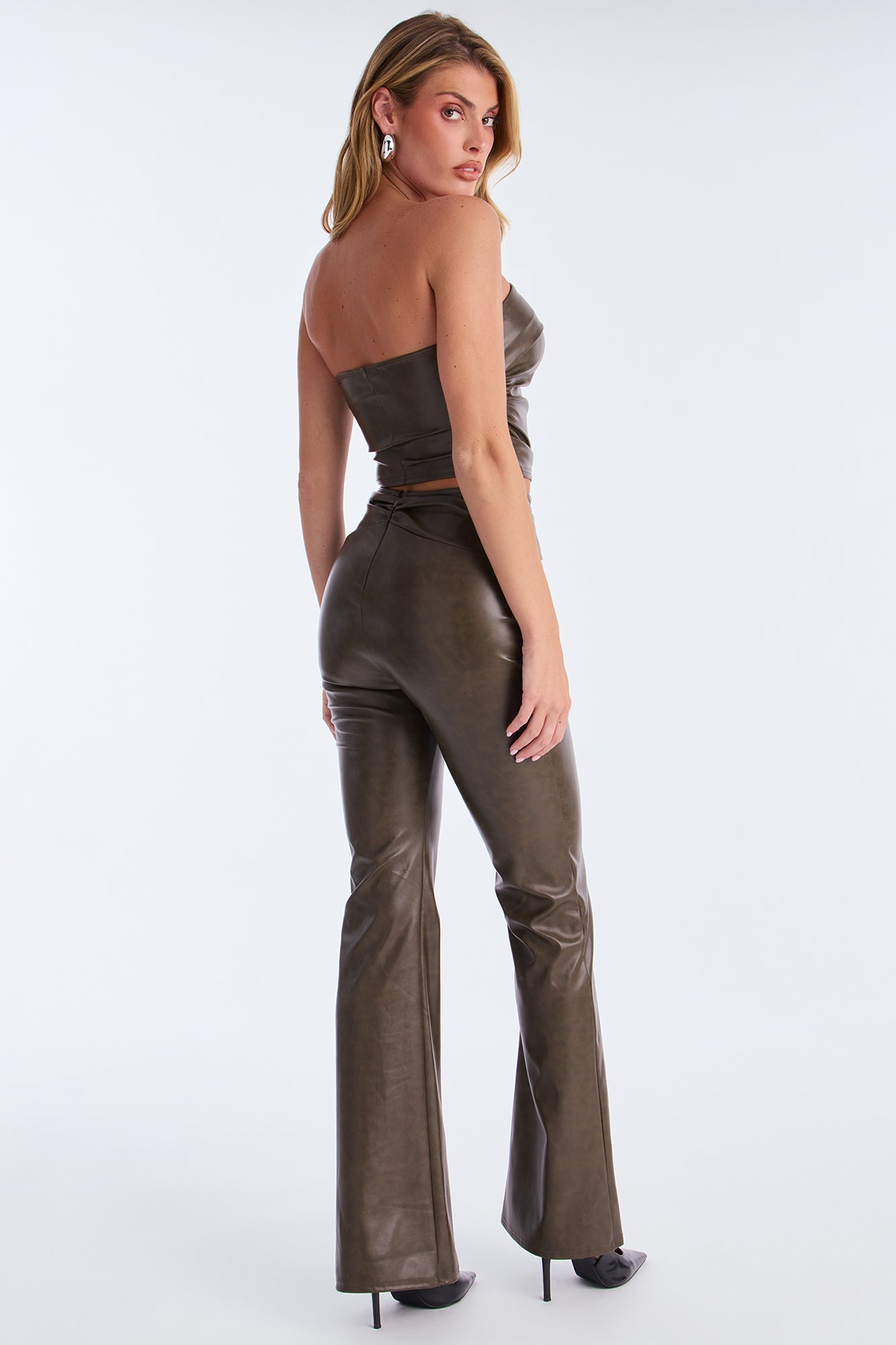Selene Strapless Faux Leather Pant Set - Olive