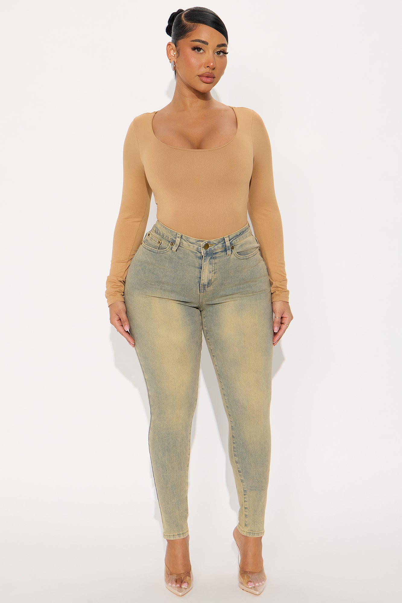 Esme Scoop Neck Double Lined Long Sleeve Bodysuit - Camel