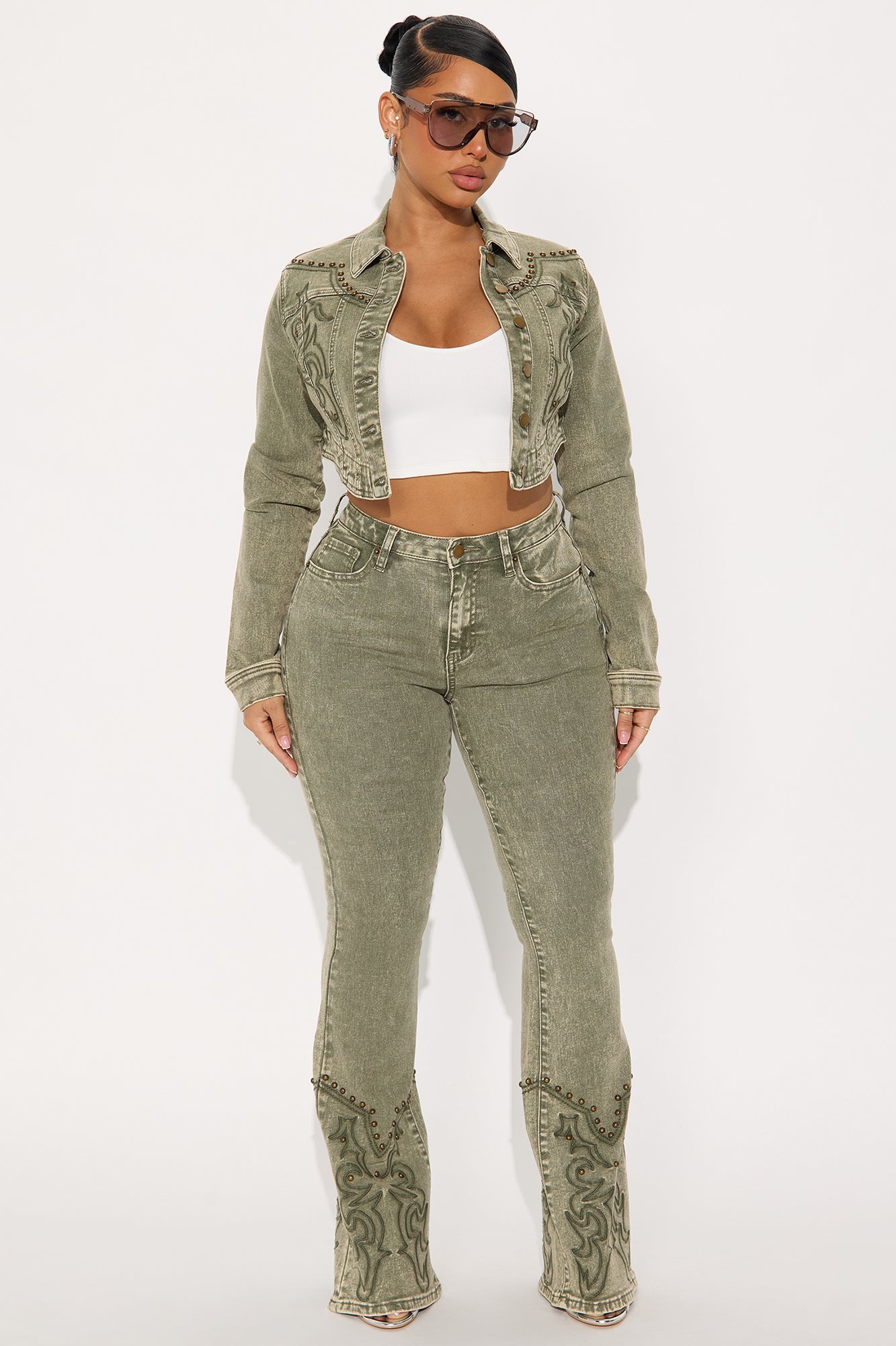 Letting It Ride Embellished Stretch Denim Jacket - Olive