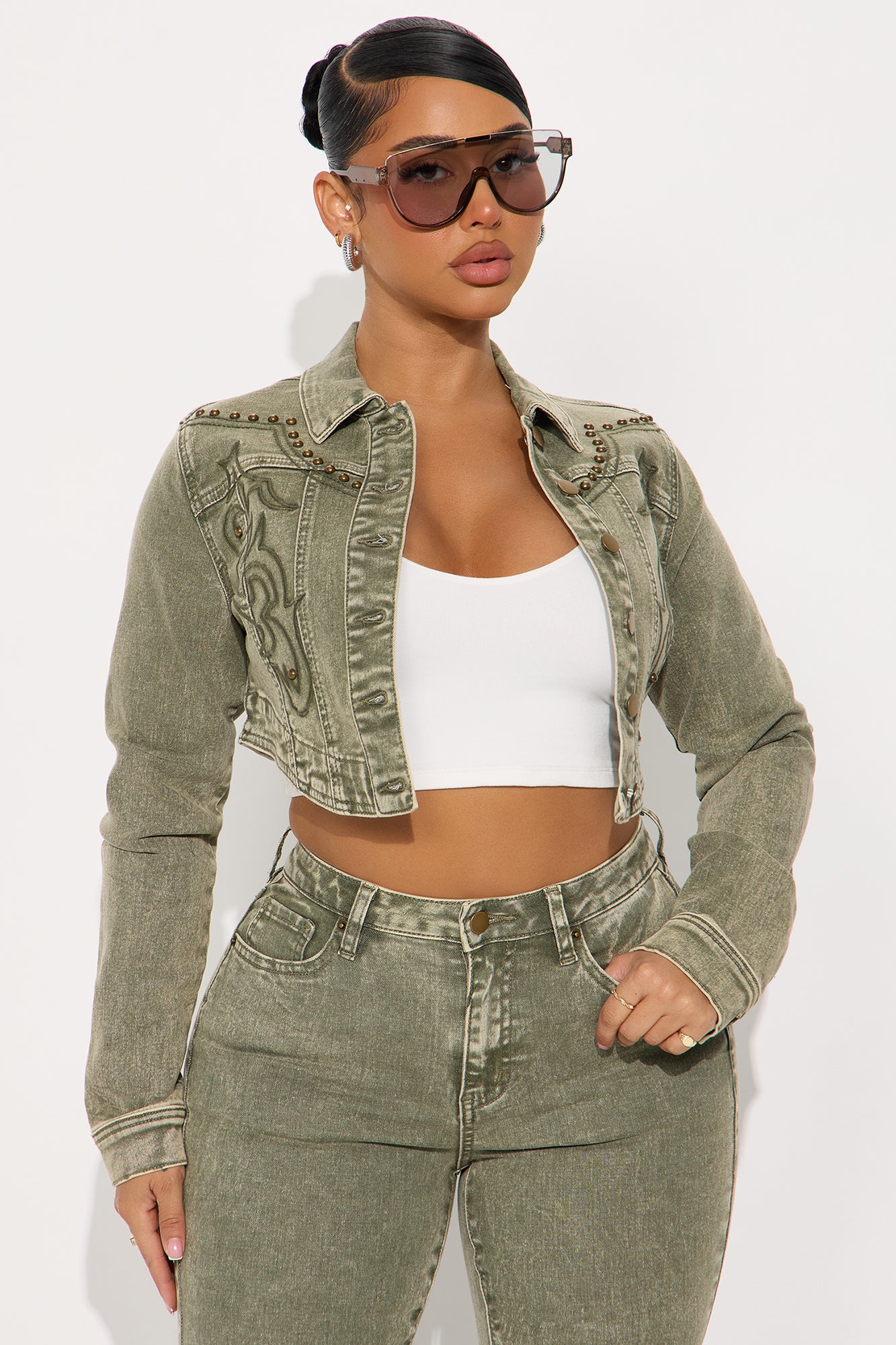 Letting It Ride Embellished Stretch Denim Jacket - Olive
