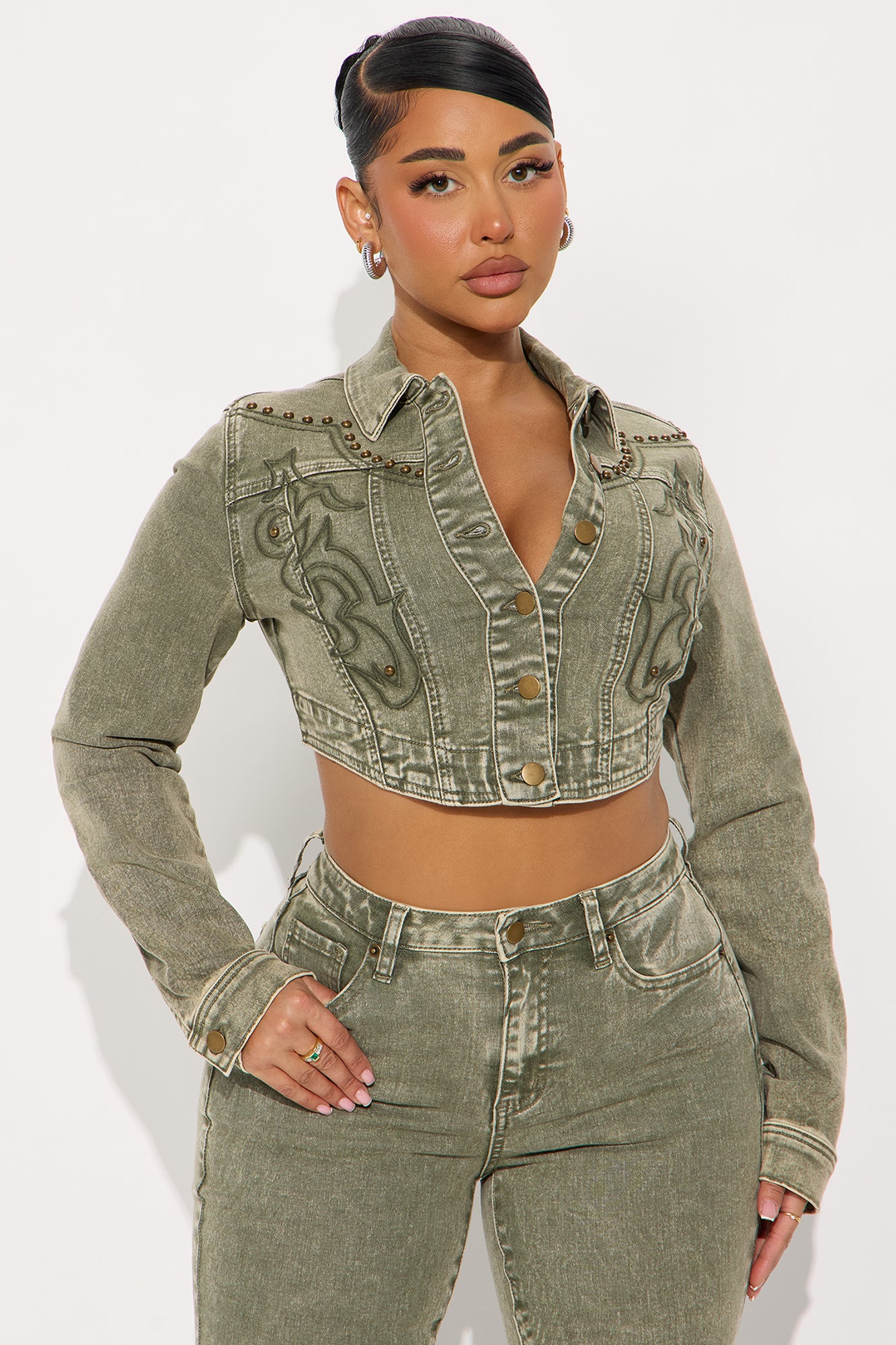 Letting It Ride Embellished Stretch Denim Jacket - Olive