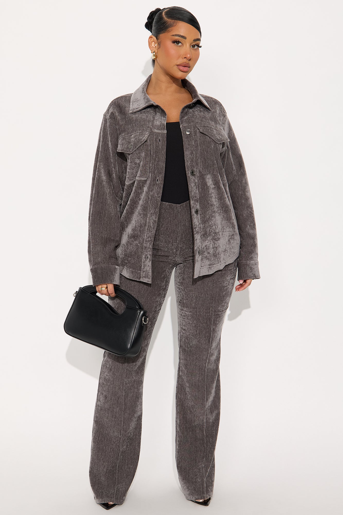 Corrina Velvet Shacket Pant Set - Black
