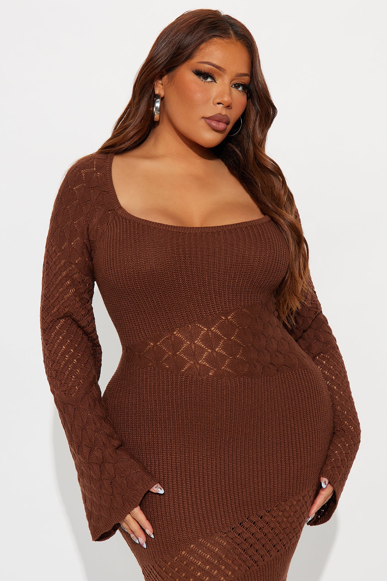 Sophia Long Sleeve Crochet Maxi Dress - Brown