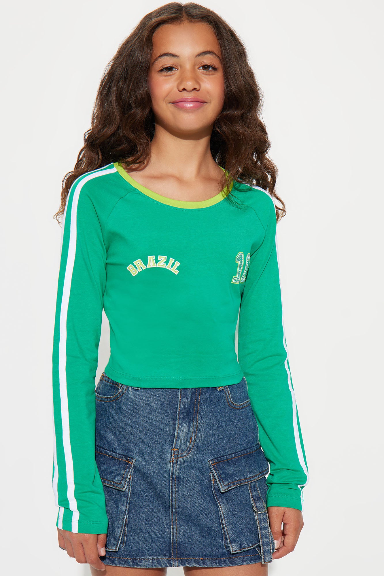 Mini 10 Brazil Green Long Sleeve Rhinestone Tee - Green
