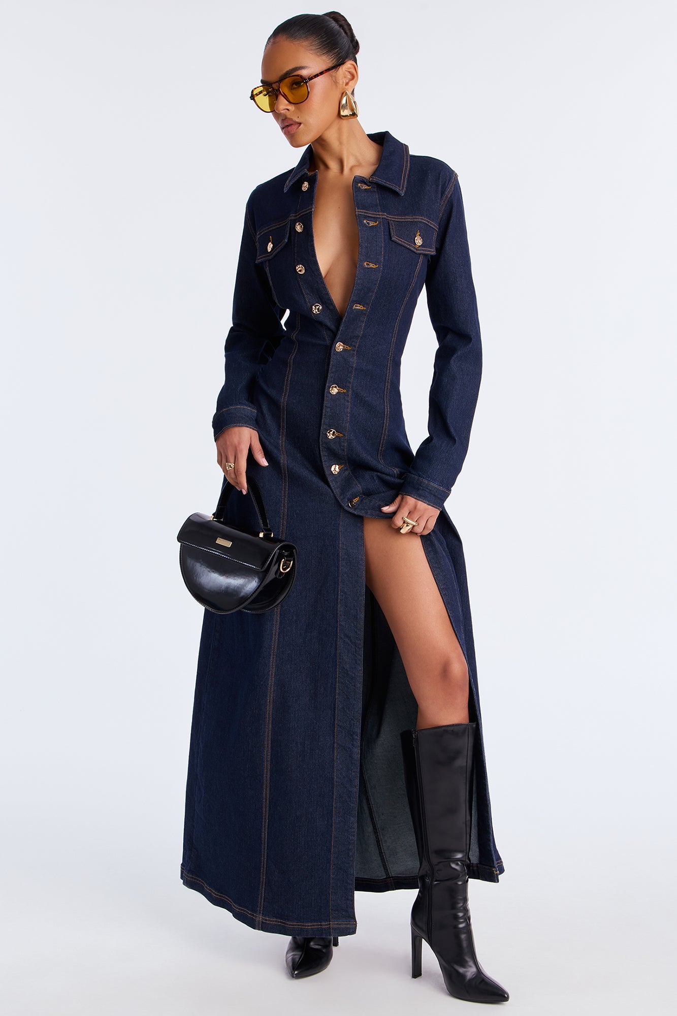 Deandra Long Sleeve Denim Stretch Maxi Dress - Dark Denim