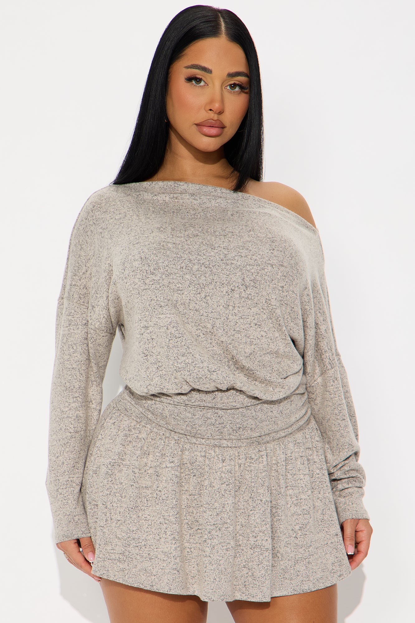Parker Pleated Hacci Mini Dress - Light Grey