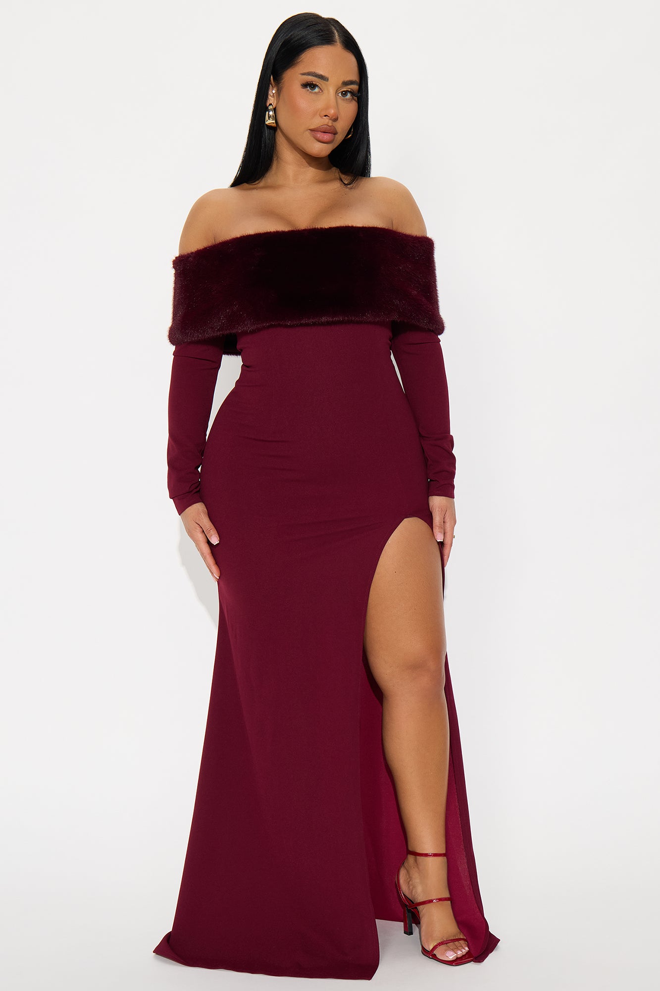 Erin Off Shoulder Fur Maxi Dress - Burgundy