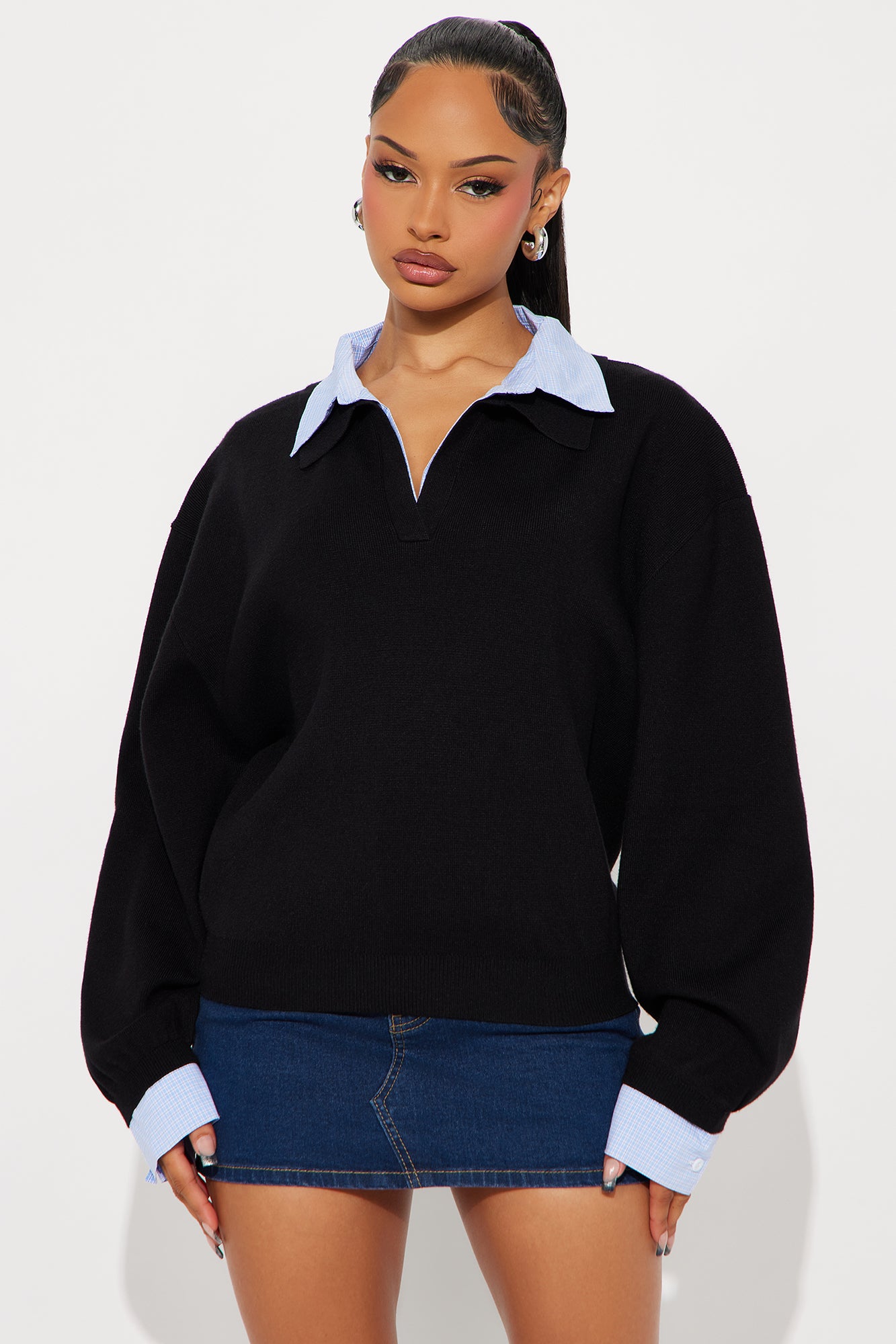 Clocked In Poplin Collar Sweater - Black/combo