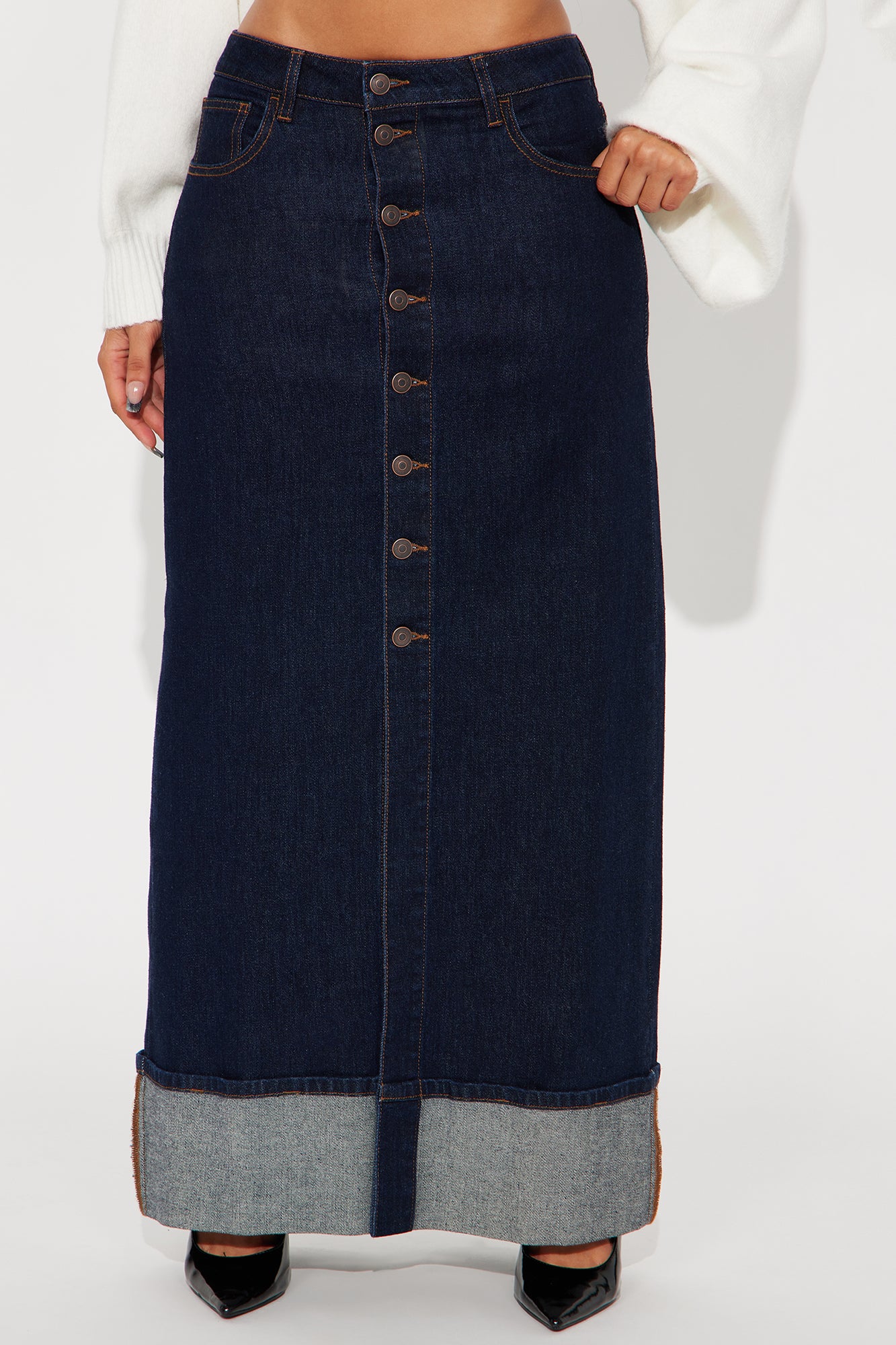 Loulou Mid Rise Denim Cuffed Hem Ankle Maxi Skirt - Rinse Blue Wash