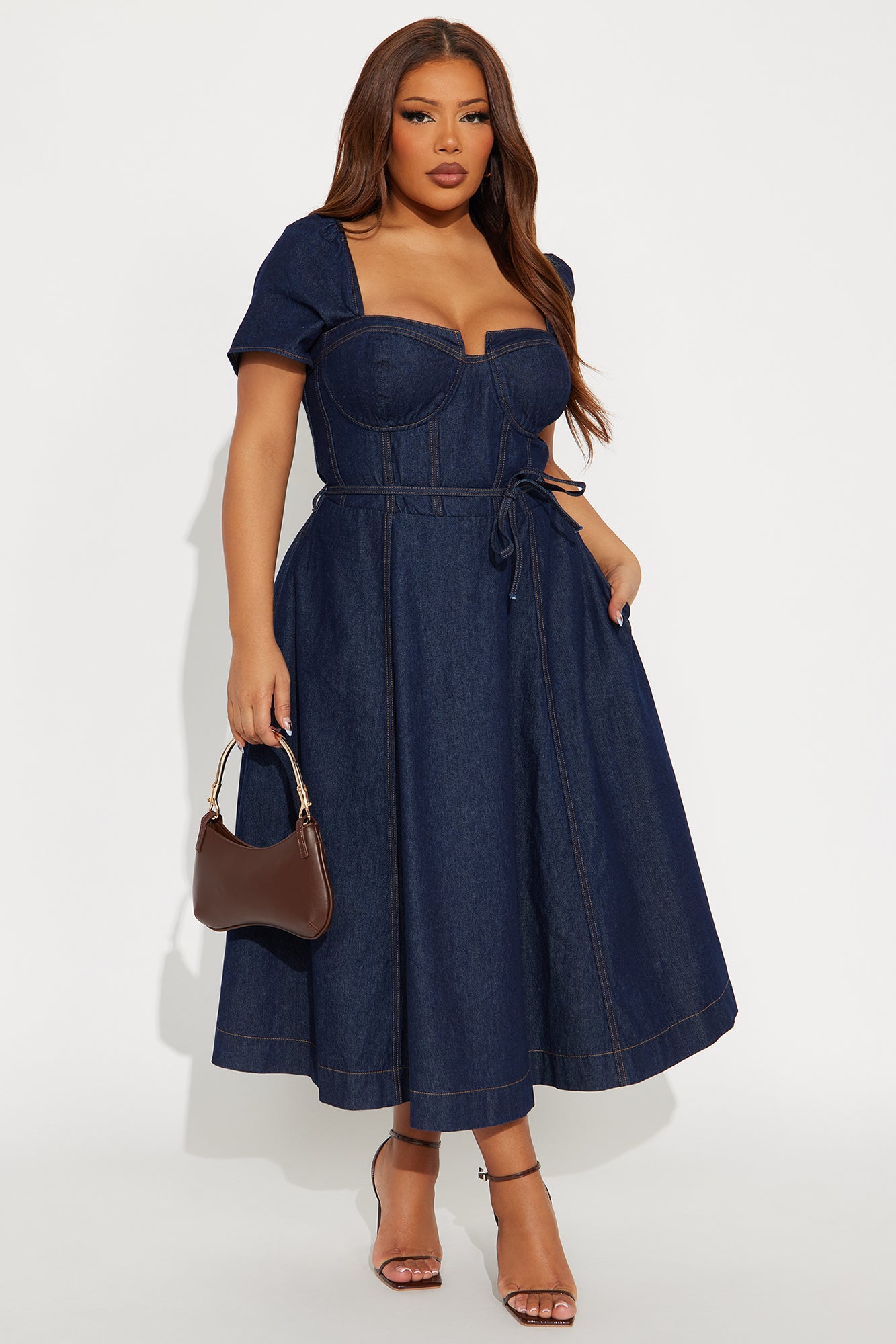 Sweet Chick Cap Sleeve Denim Midi Dress - Dark Wash