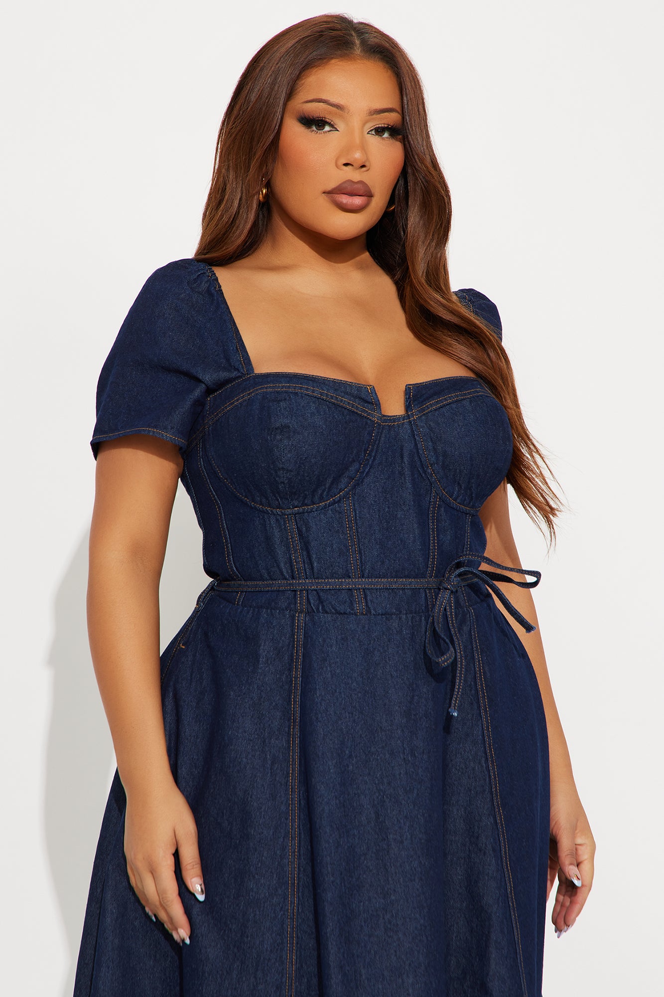 Sweet Chick Cap Sleeve Denim Midi Dress - Dark Wash