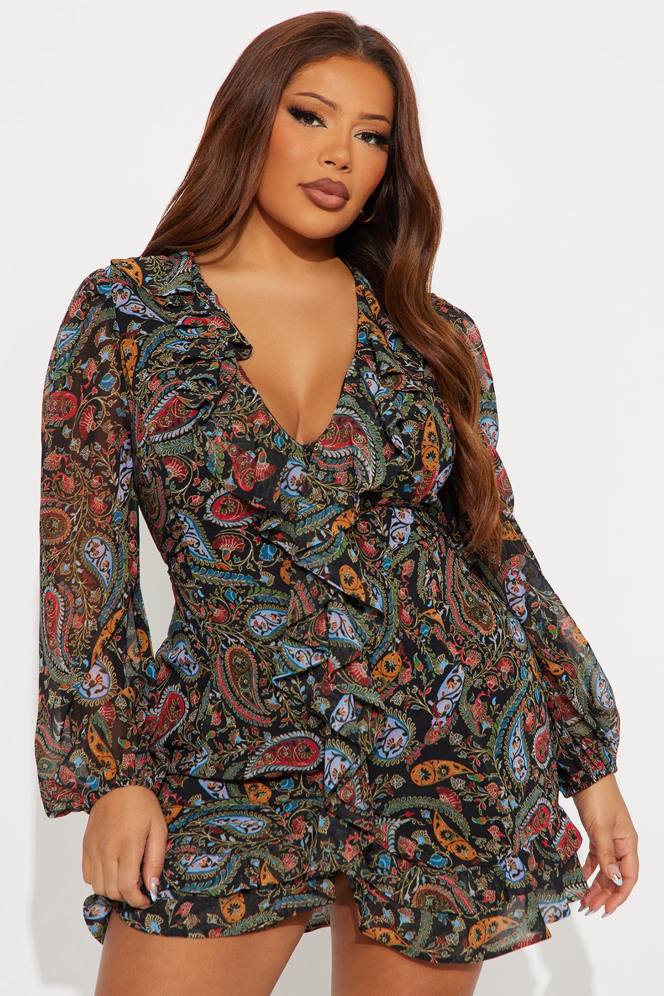 Annabelle Ruffle Chiffon Mini Dress - Black/combo