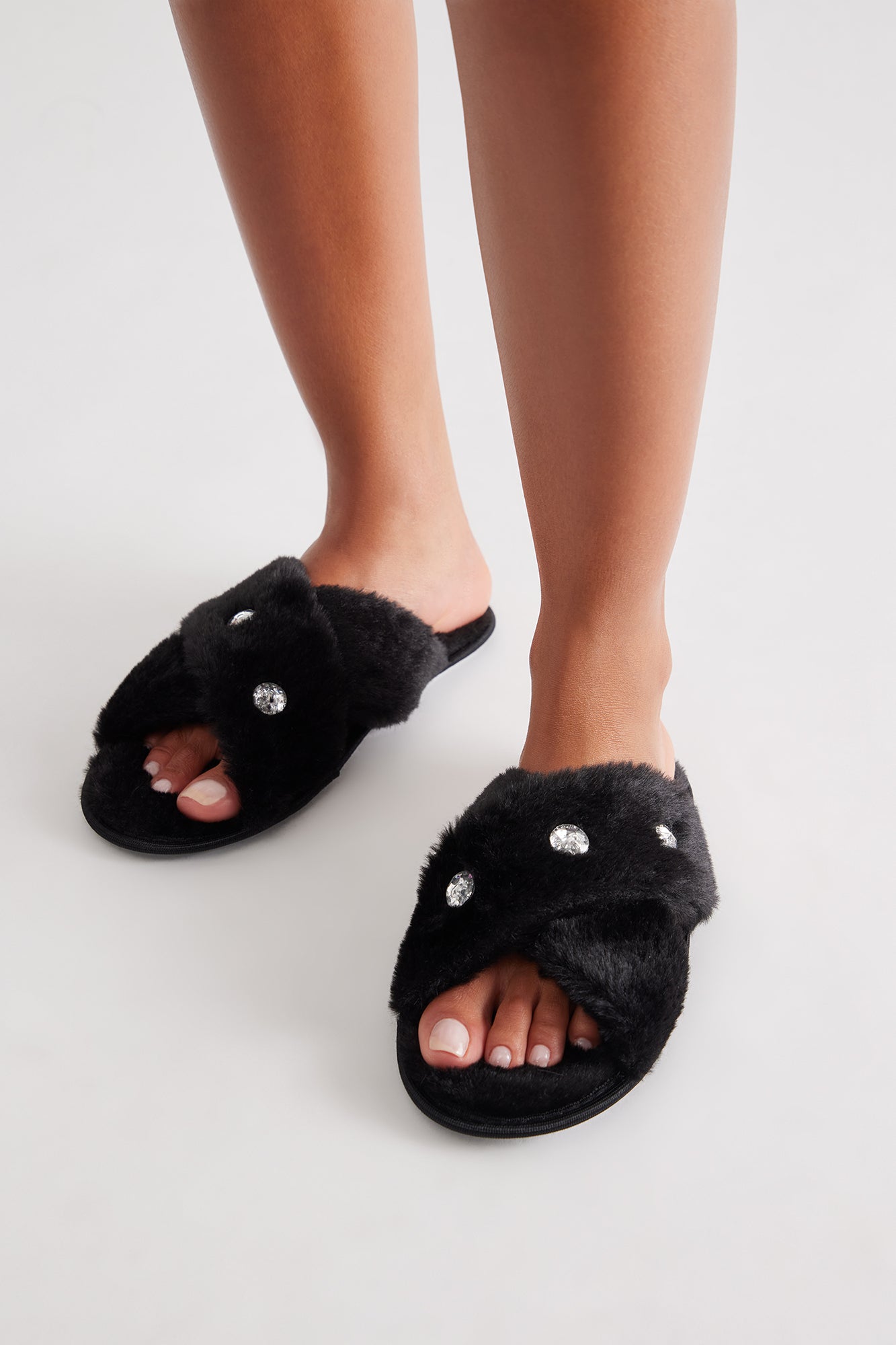 Piper Rhinestone Faux Fur Slippers - Black
