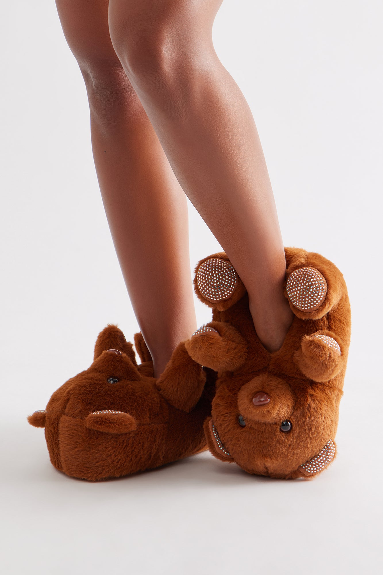 Lovey Rhinestone Bear Slippers - Brown