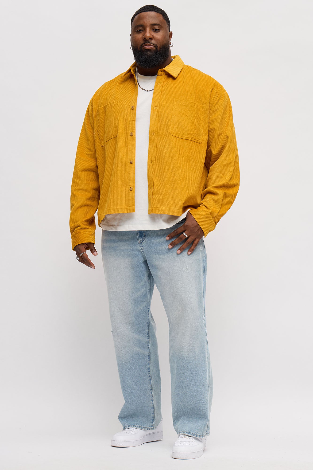 Cropped Corduroy Button Up Shirt - Mustard
