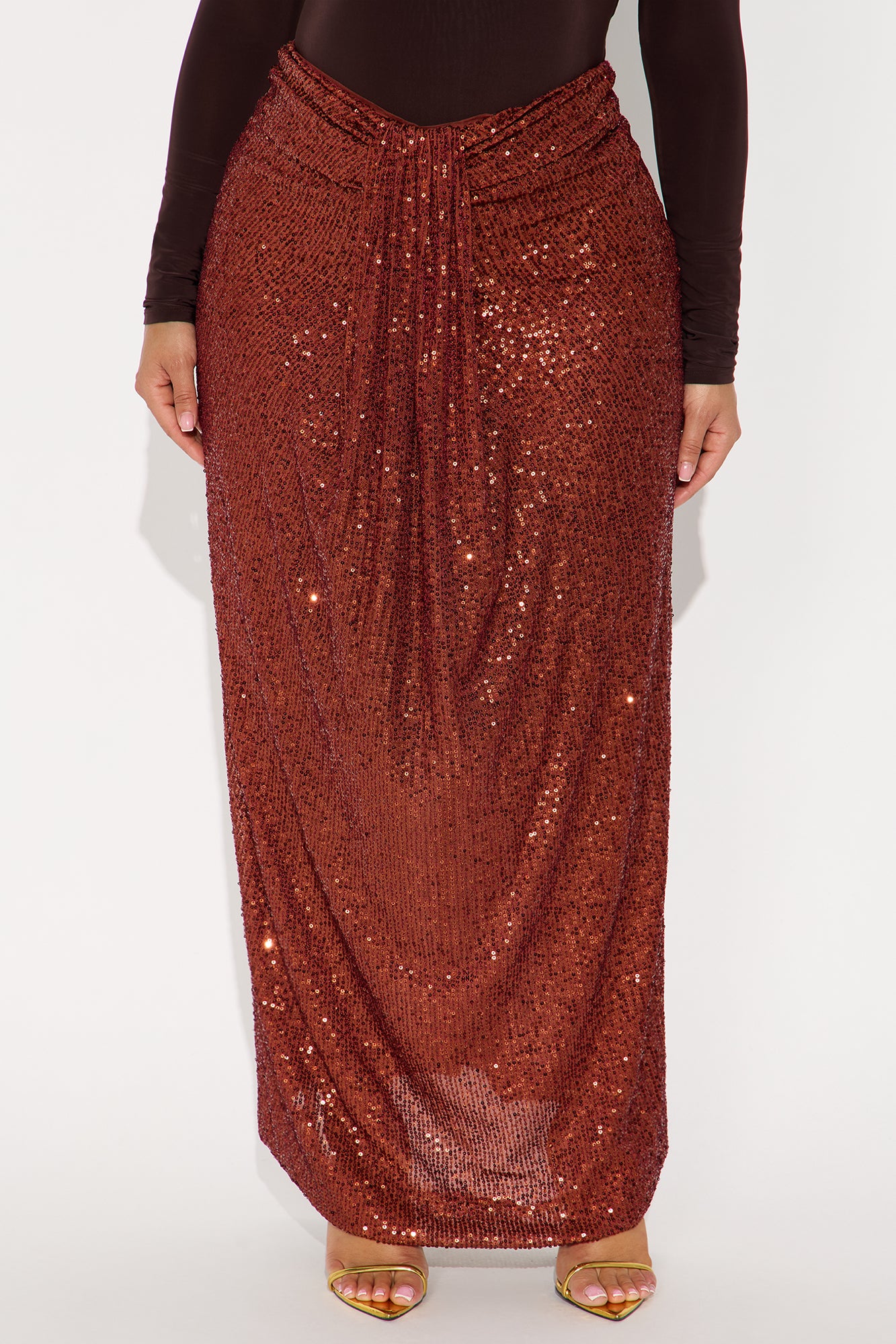 Party Time Sequin Drape Maxi Skirt - Rust