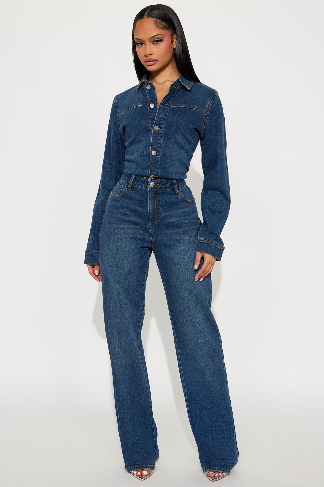 Talia Medium Wash Straight Leg Jumpsuit - Medium Wash