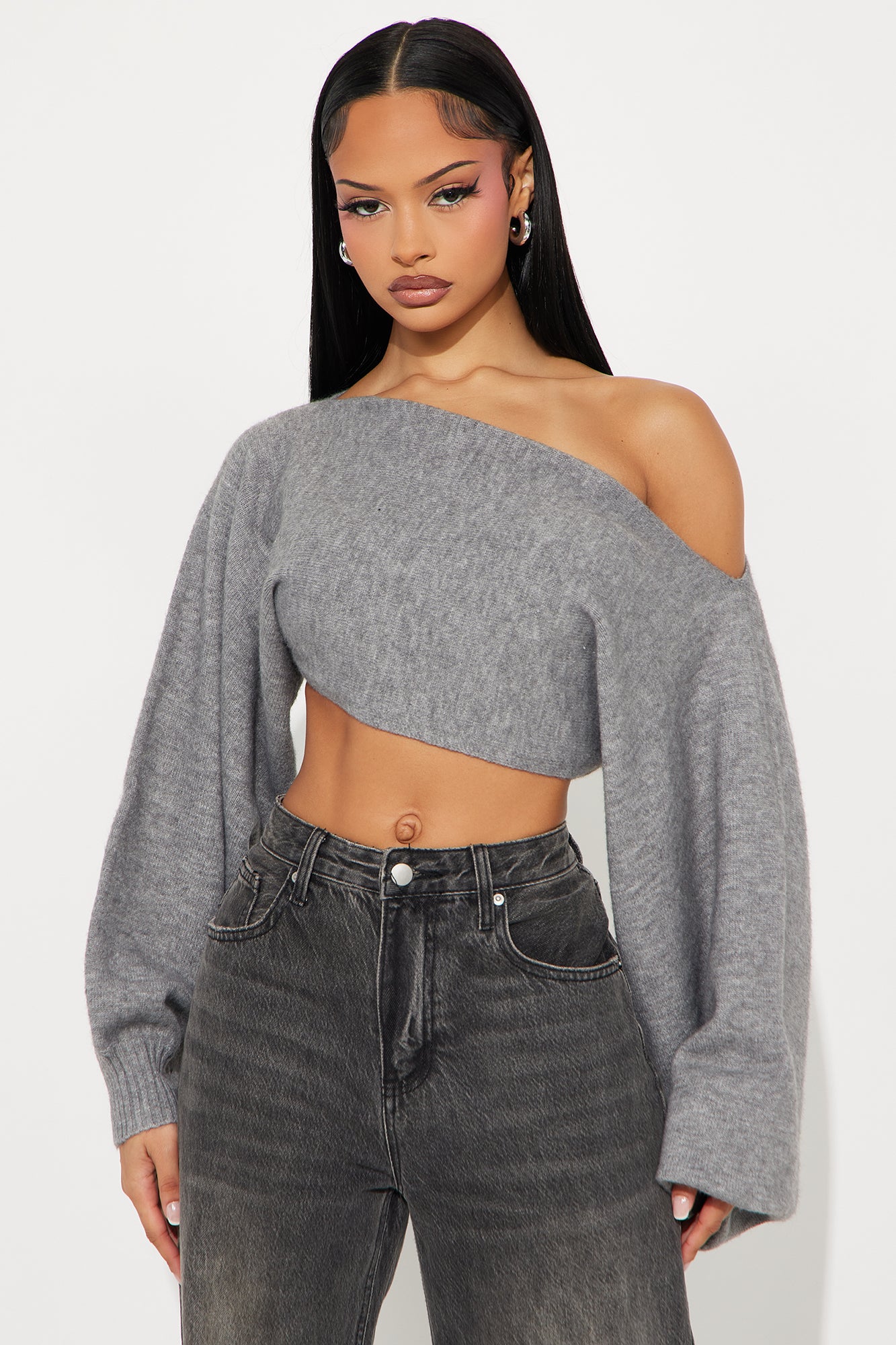 Love Away One Shoulder Sweater Top - Heather Grey