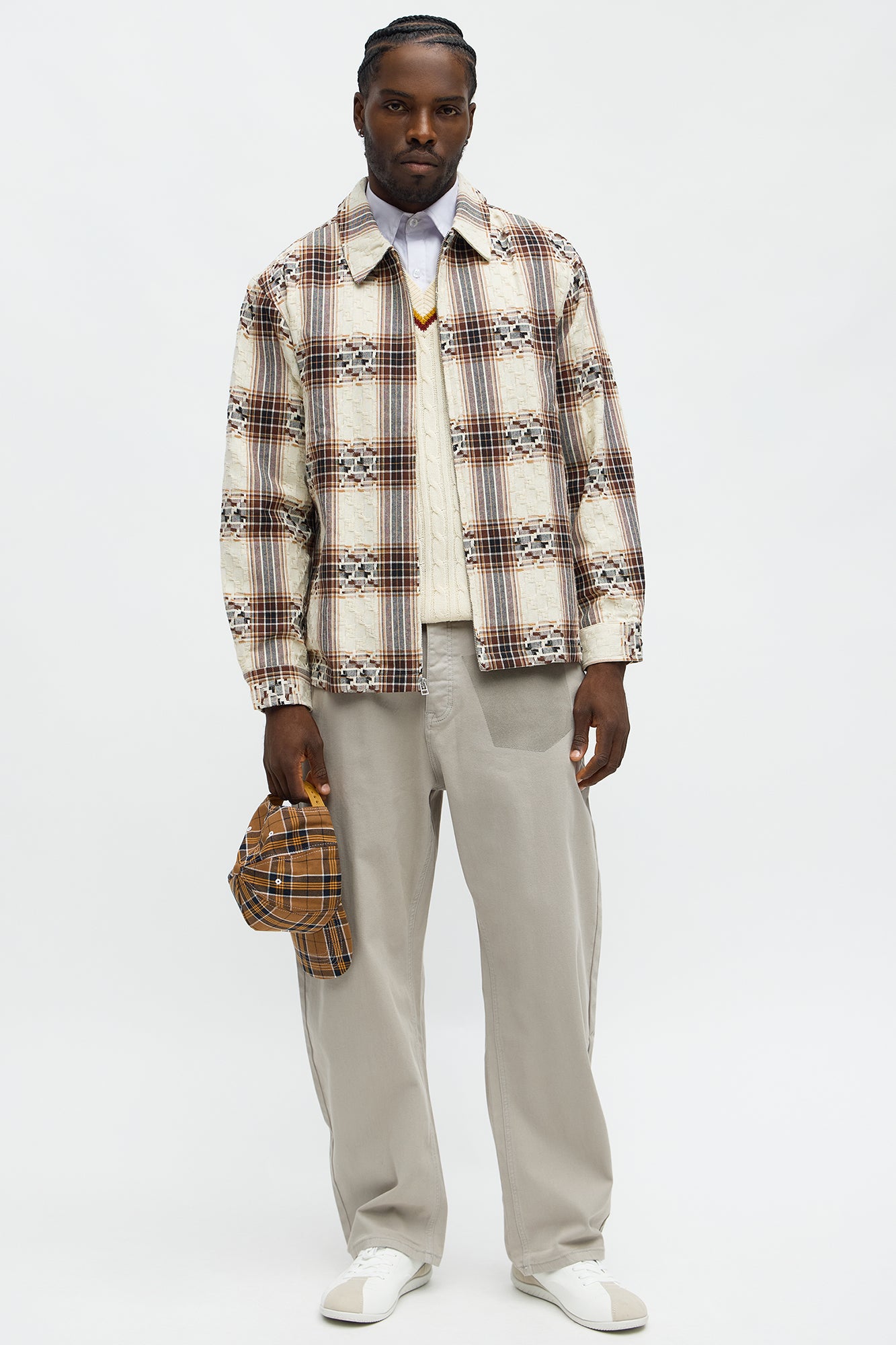 Plaid Zip Up Shirt - Brown Combo
