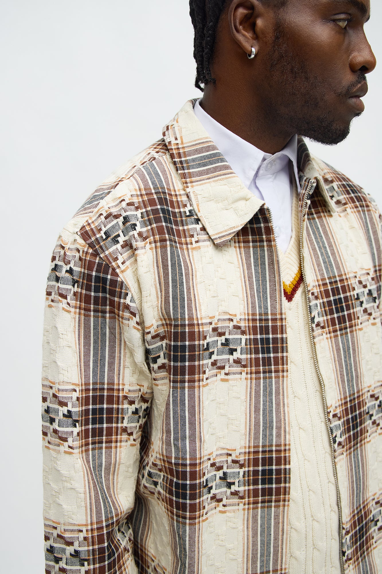 Plaid Zip Up Shirt - Brown Combo