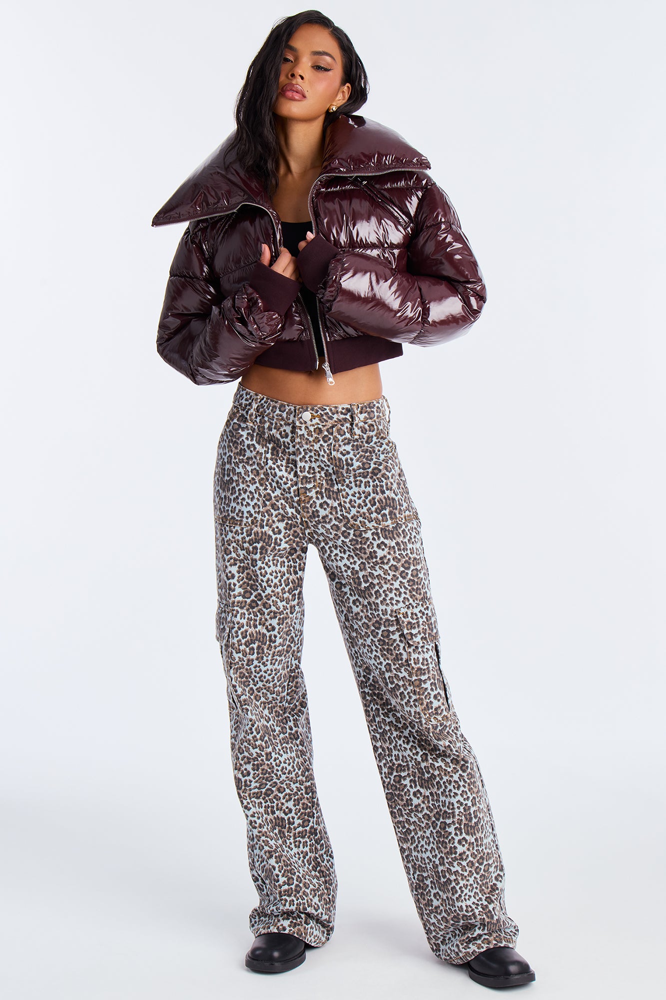 Billie Faux Patent Leather Cropped Puffer Jacket - Chocolate
