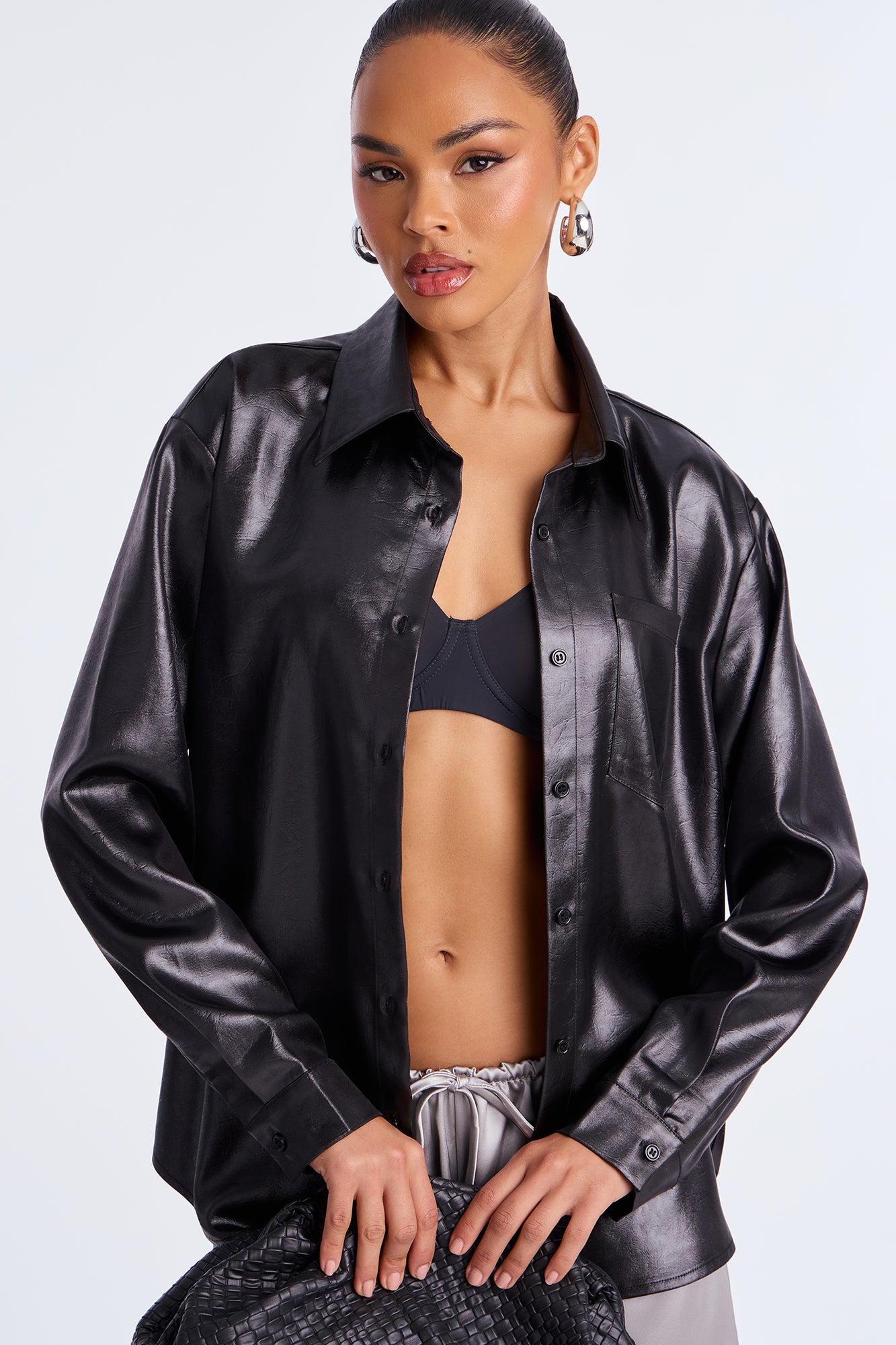 Day Dreams Textured Satin Shirt - Black
