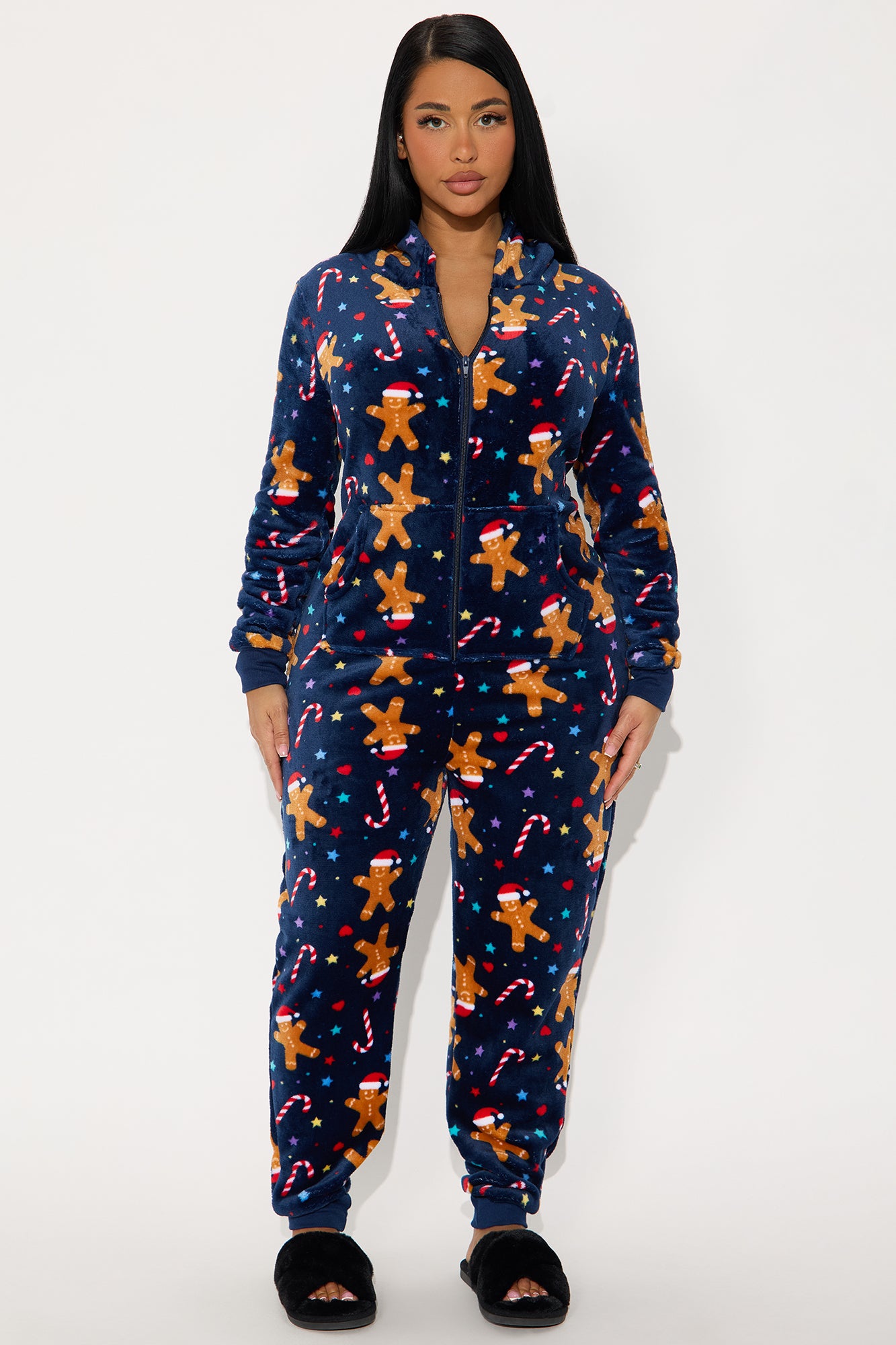 Jolly Gingerbread Matching Family Plush Hoodie PJ Jumpsuit Onesie - Navy