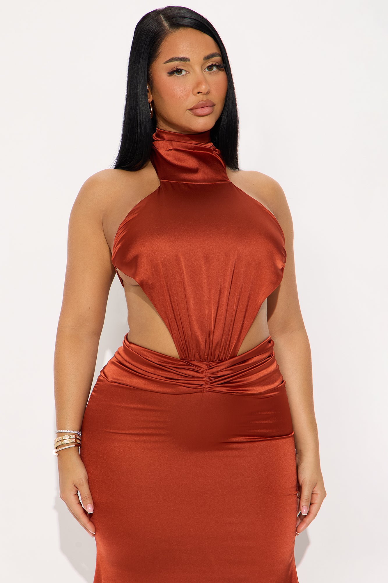 Rae Cut Out Satin Maxi Dress - Rust