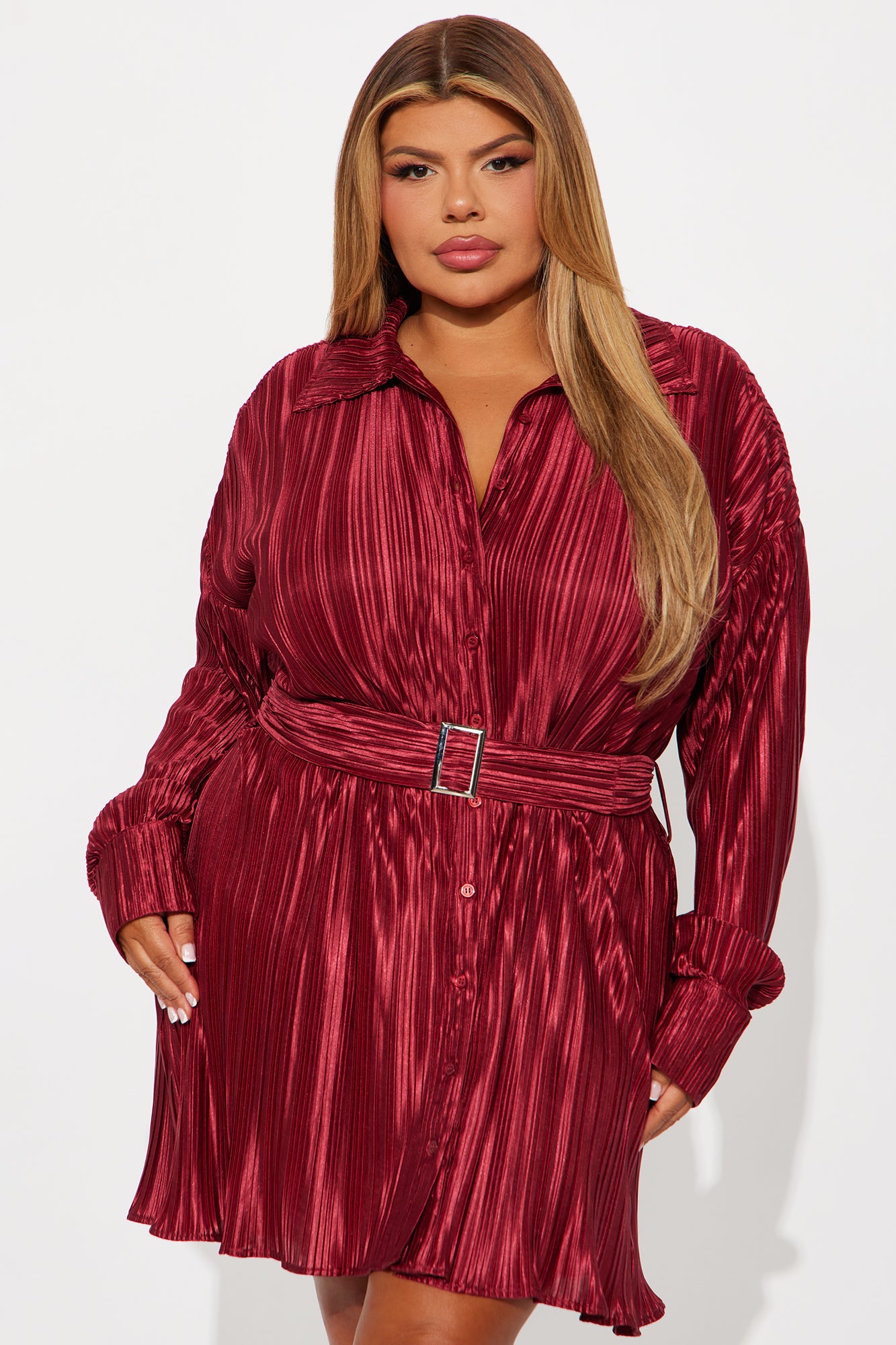 Hot Off The Press Pleated Satin Mini Dress - Wine