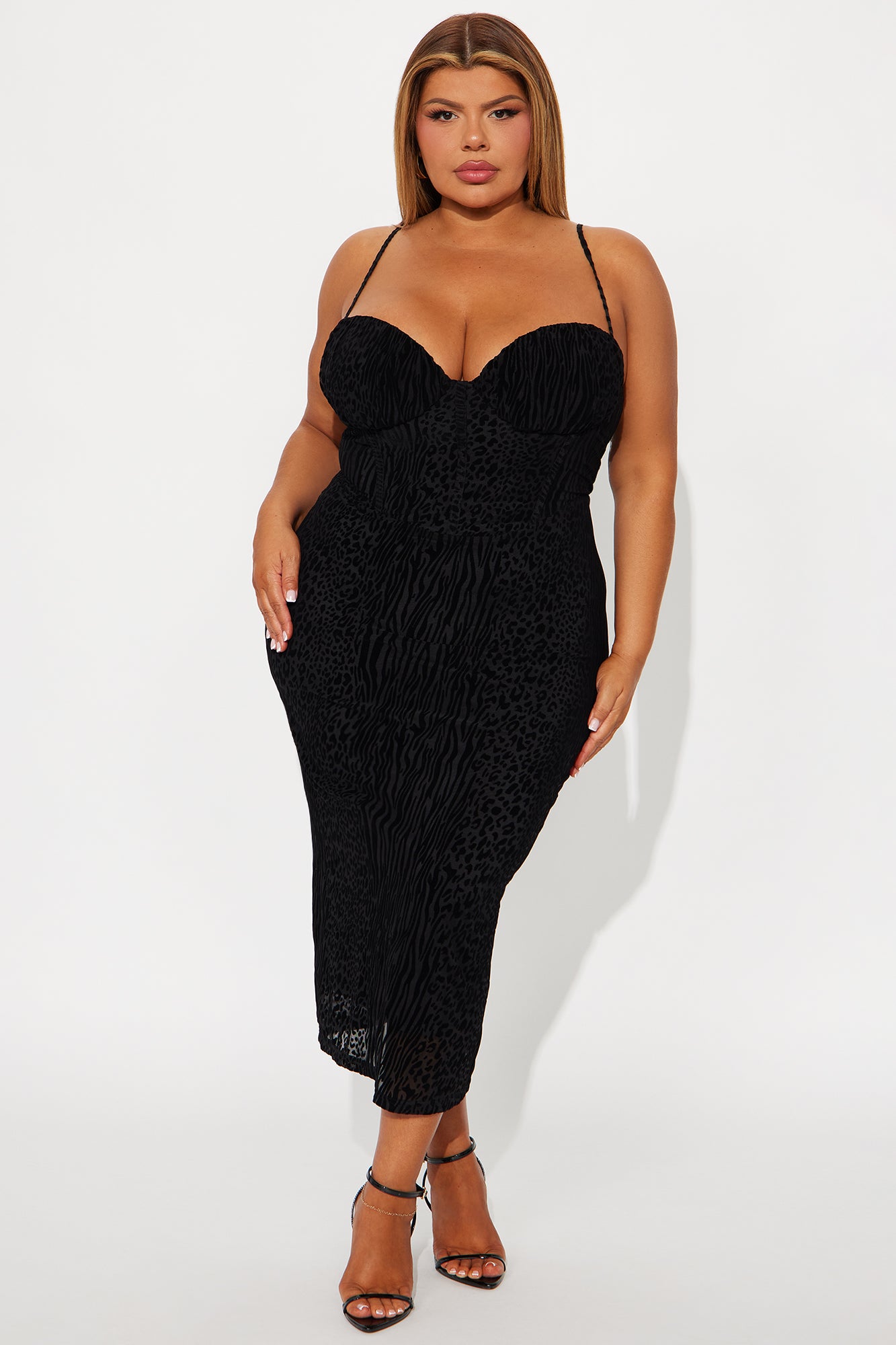 Gianna Flocked Mesh Midi Dress - Black