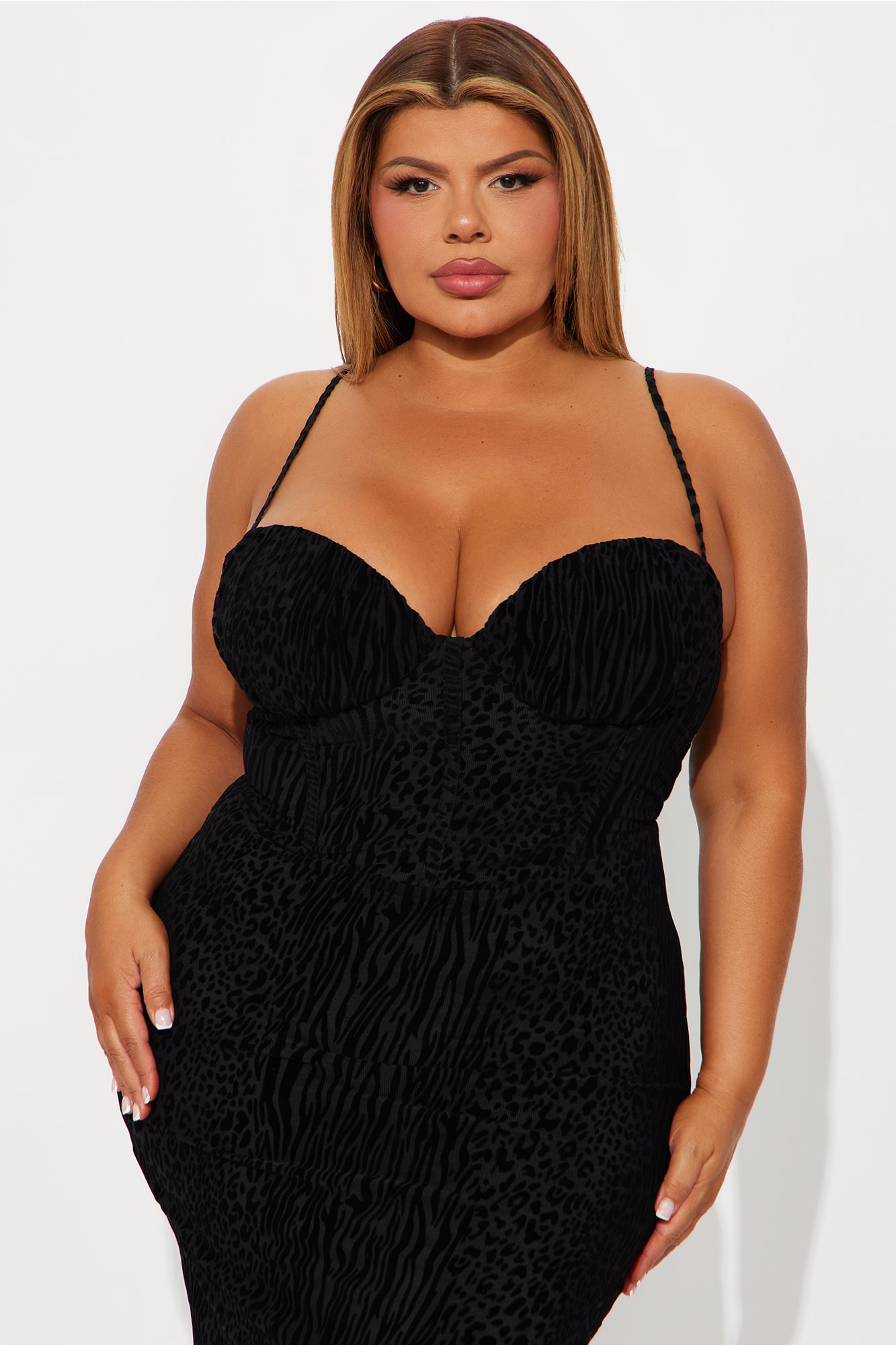 Gianna Flocked Mesh Midi Dress - Black