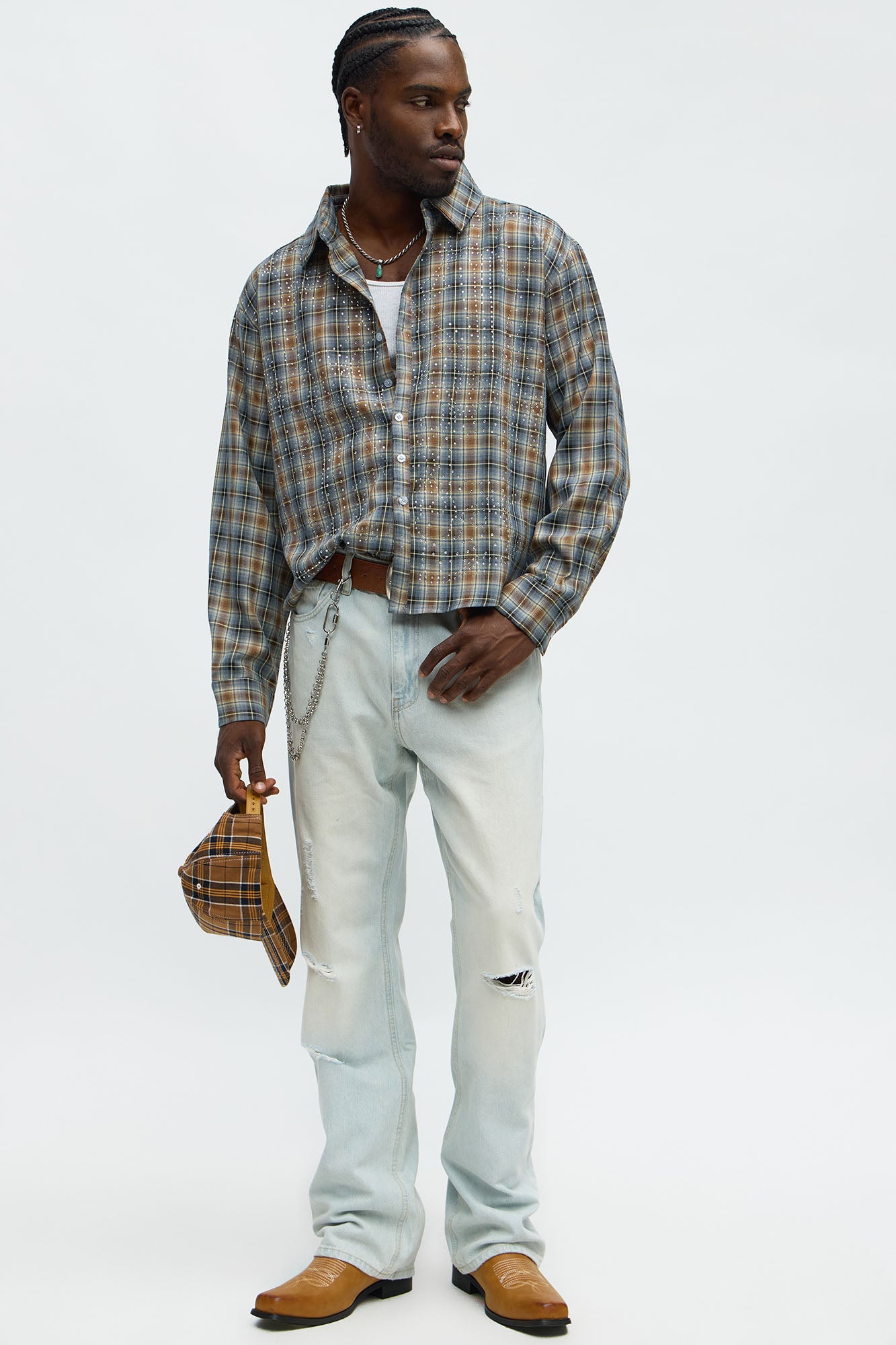 Cropped Starlit Rhinestone Plaid Flannel - Blue/combo