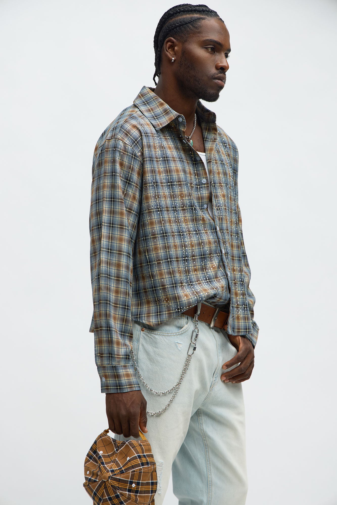 Cropped Starlit Rhinestone Plaid Flannel - Blue/combo