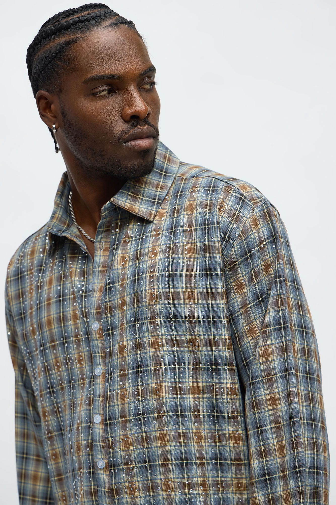 Cropped Starlit Rhinestone Plaid Flannel - Blue/combo