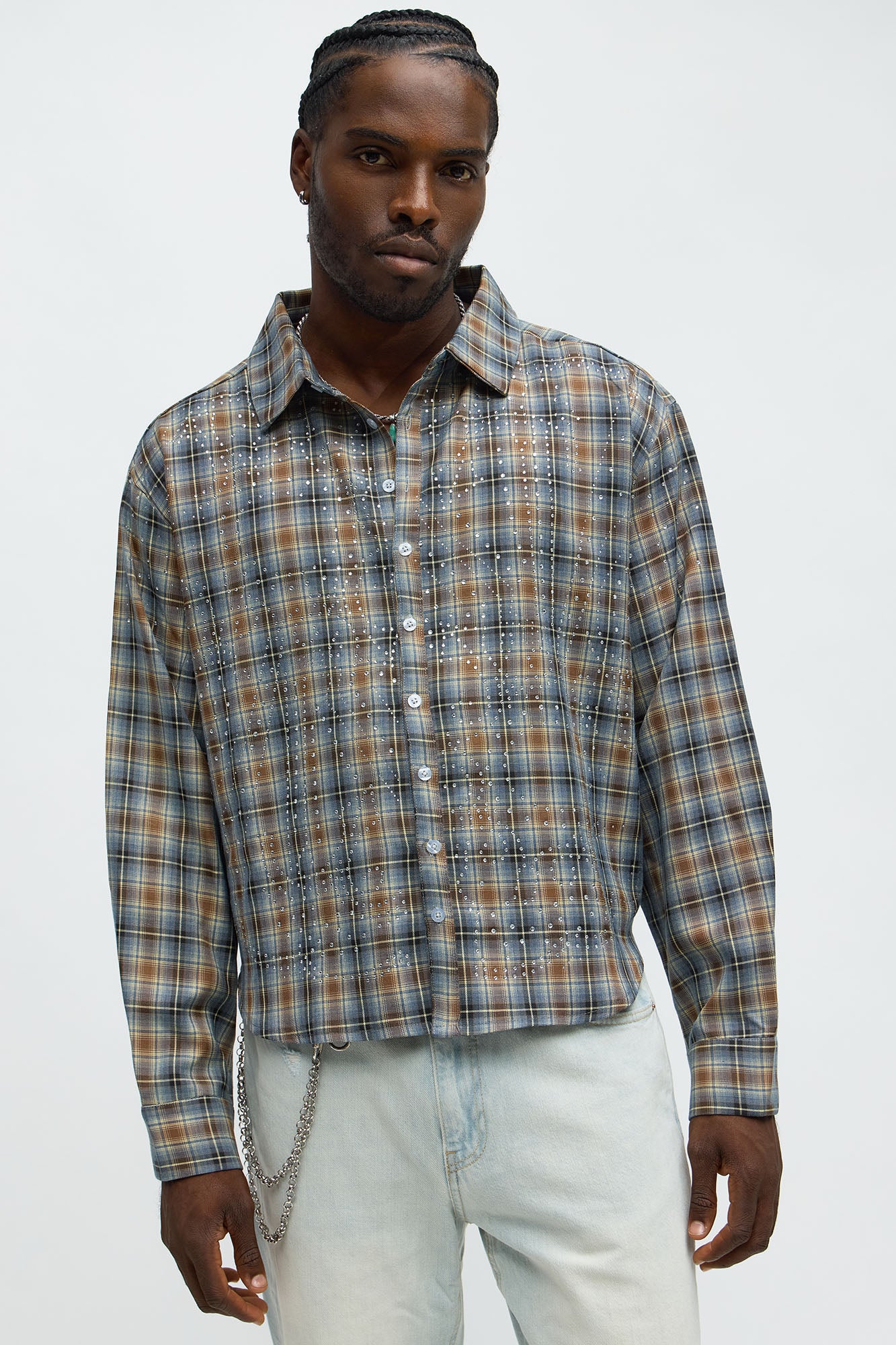 Cropped Starlit Rhinestone Plaid Flannel - Blue/combo