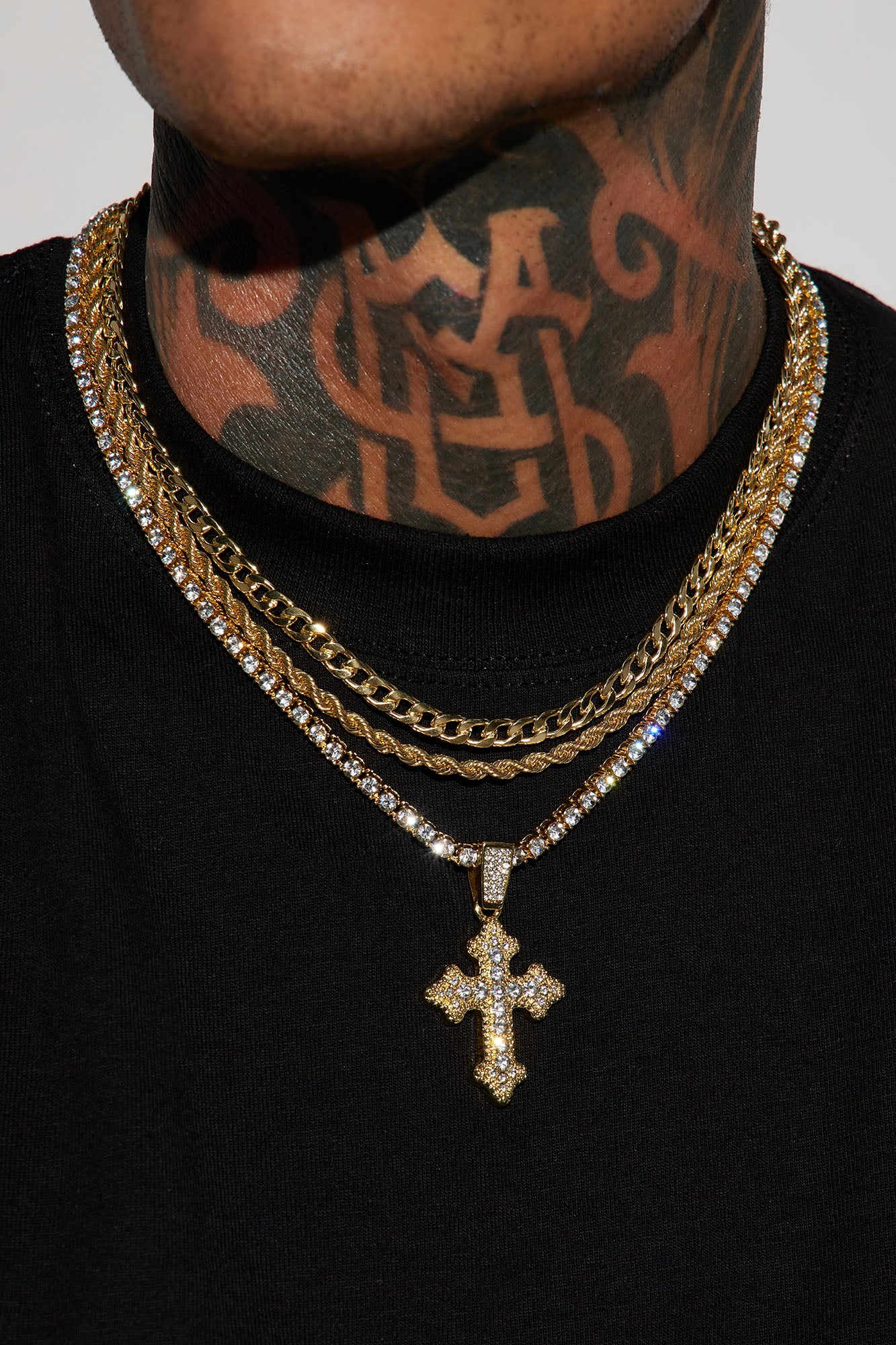 Iced Out Cross Out 3 Piece Chain Necklace - Gold