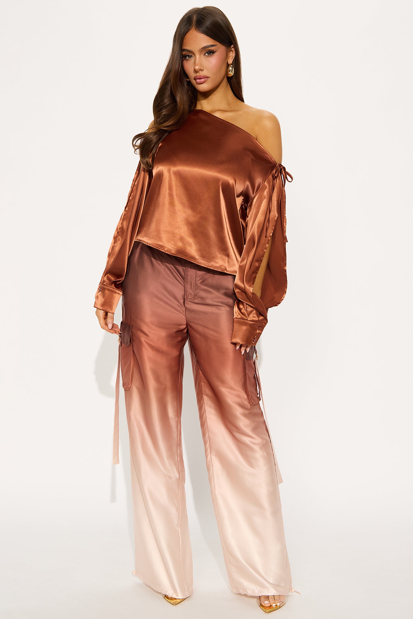 Luminous One Shoulder Satin Top - Brown