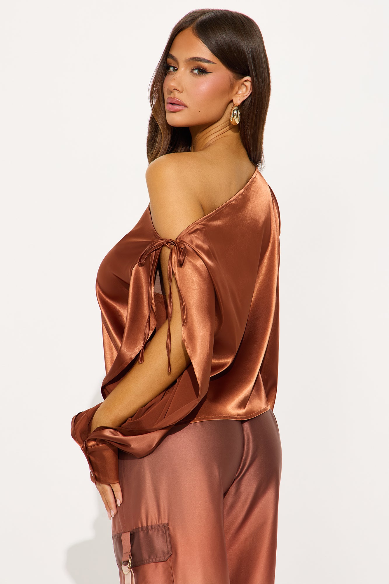 Luminous One Shoulder Satin Top - Brown