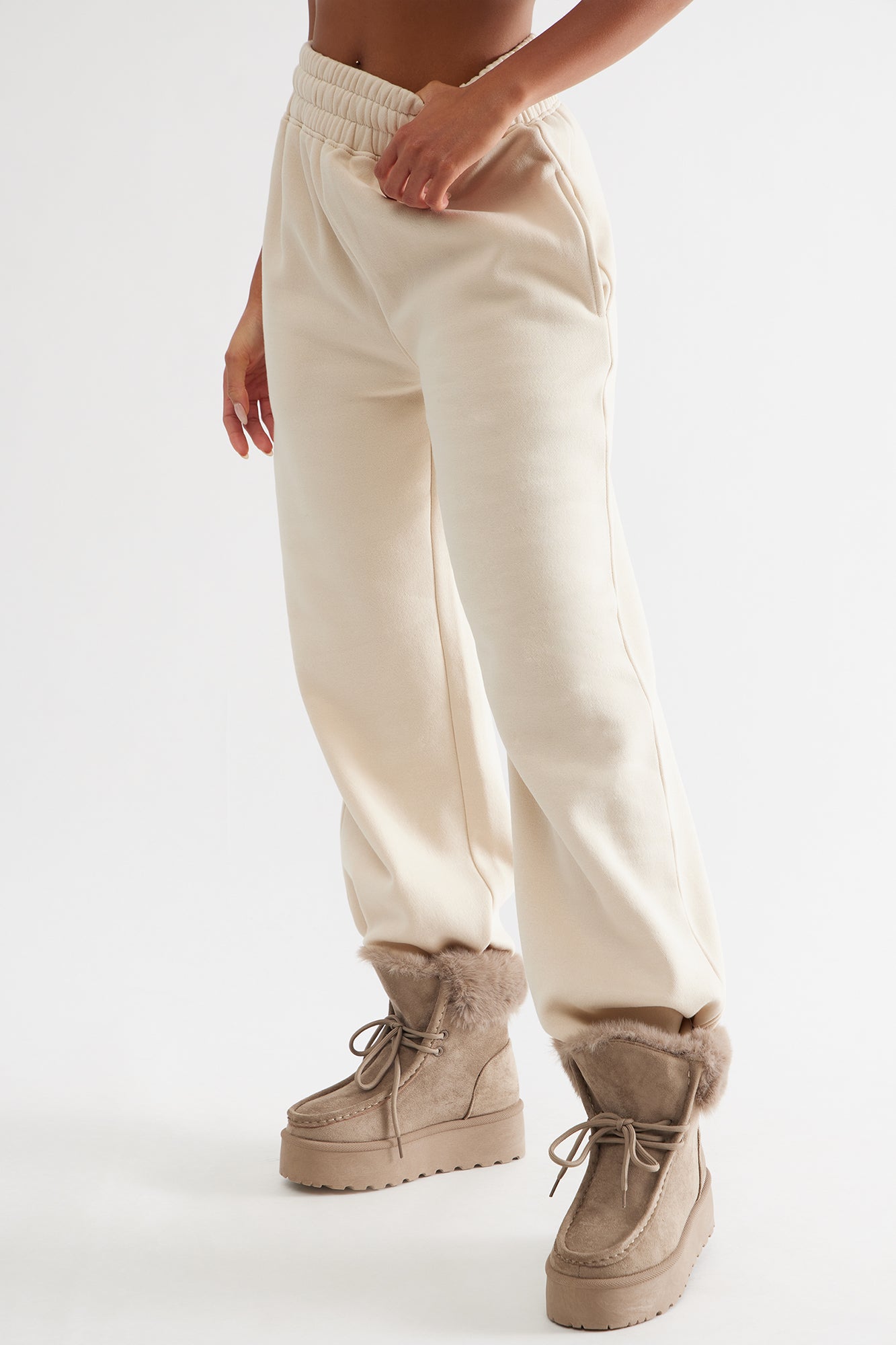 Frosty Fur Trim Platform Booties - Nude