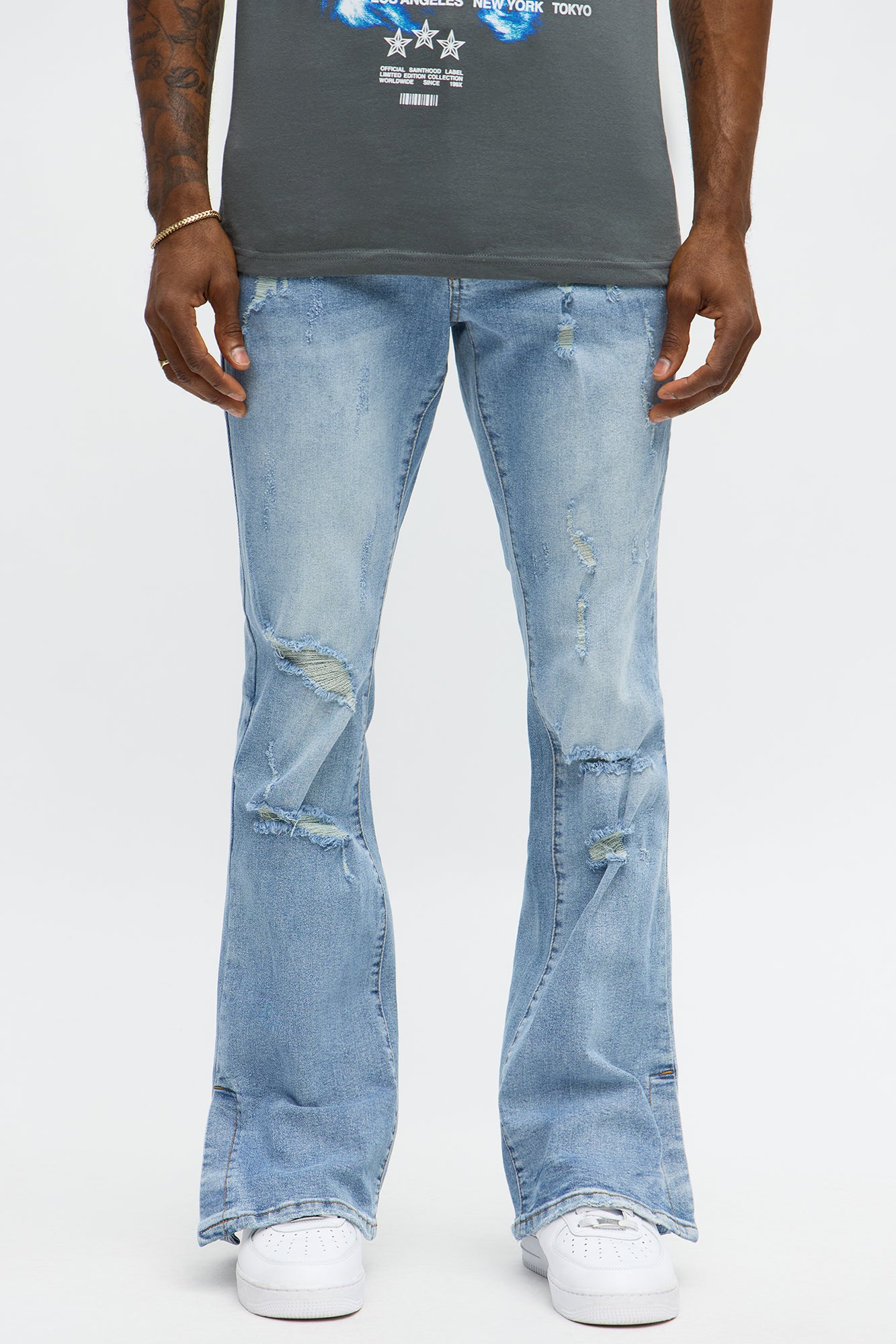 Stacked Skinny Flare Slit Rebel Against Distressed Jean - Light Wash