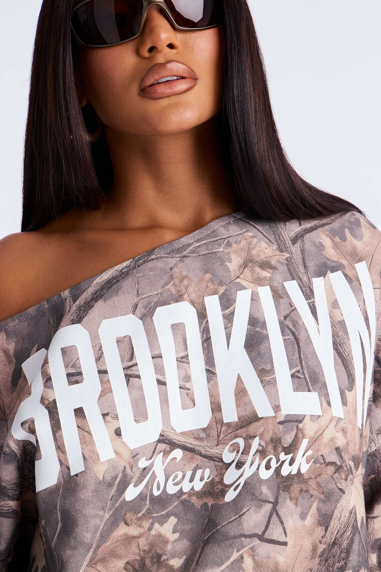 Brooklyn NY Camo Off Shoulder Sweatshirt - Olive/combo