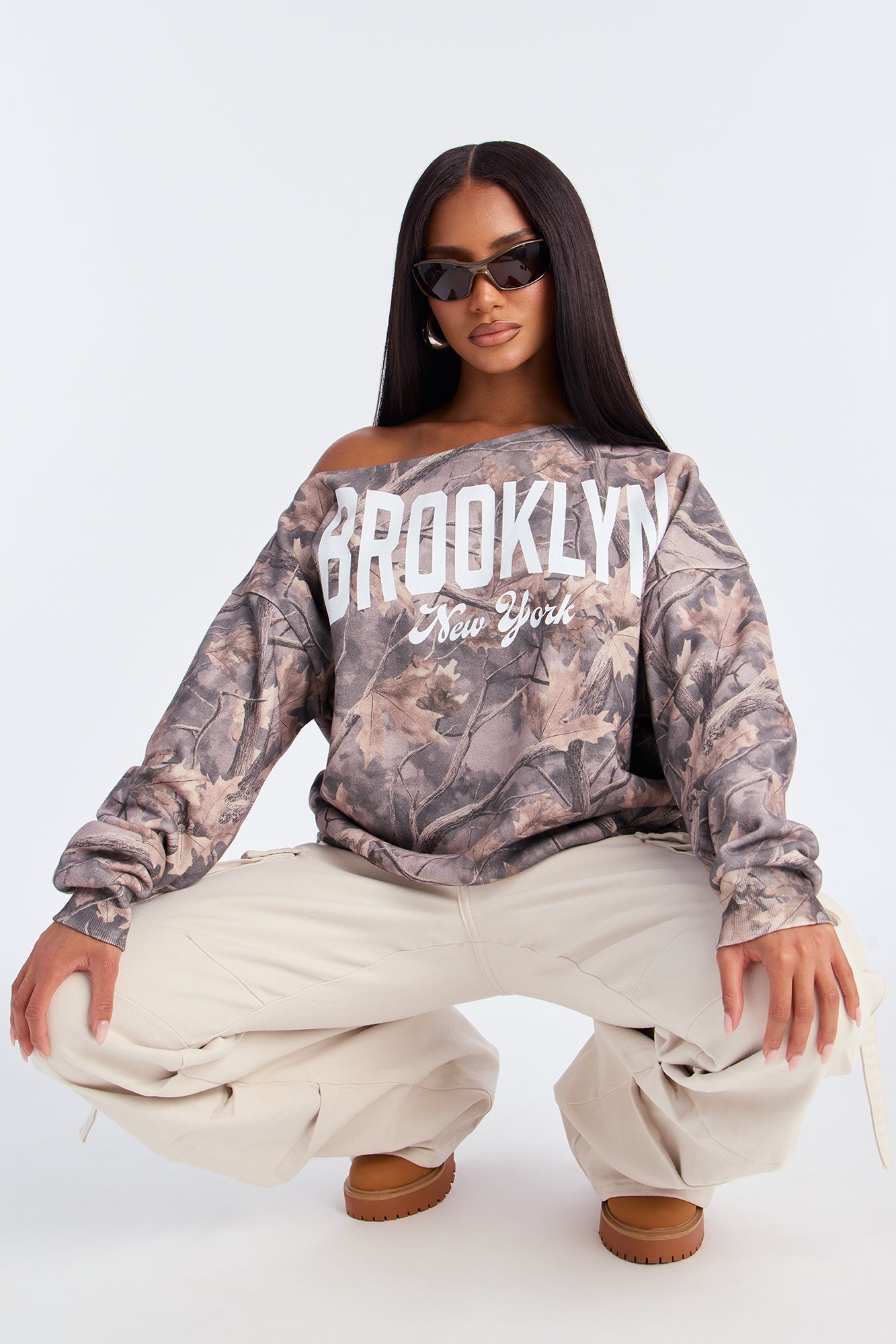 Brooklyn NY Camo Off Shoulder Sweatshirt - Olive/combo