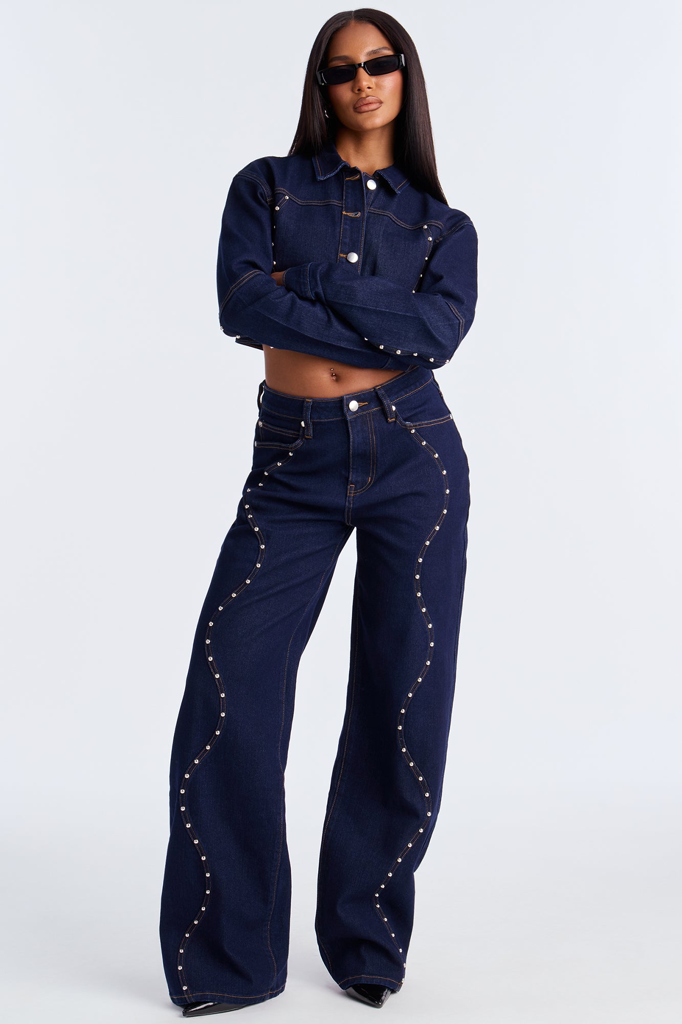 In Waves Studded Straight Leg Jeans - Dark Wash