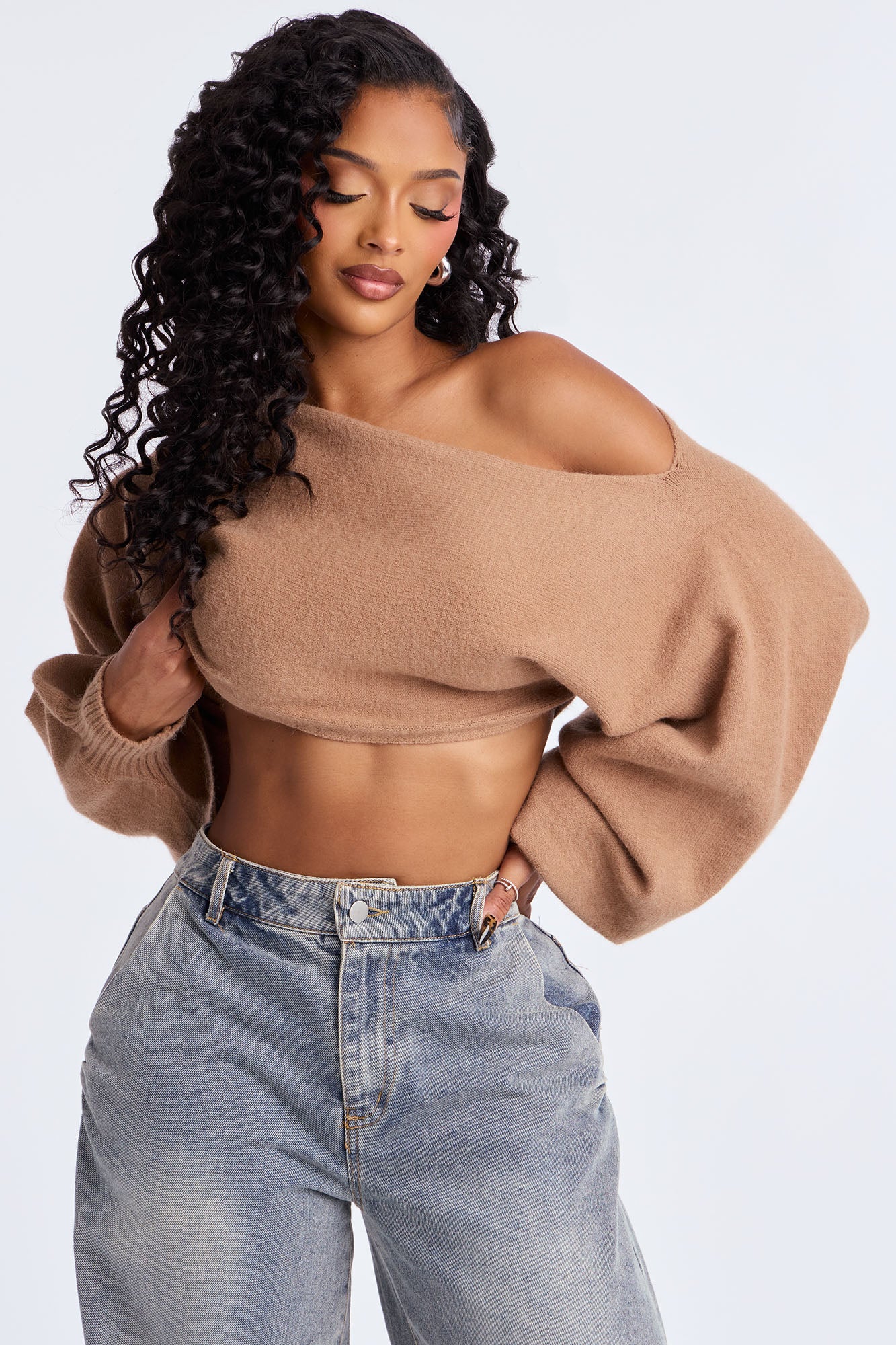 Love Away One Shoulder Sweater Top - Mocha