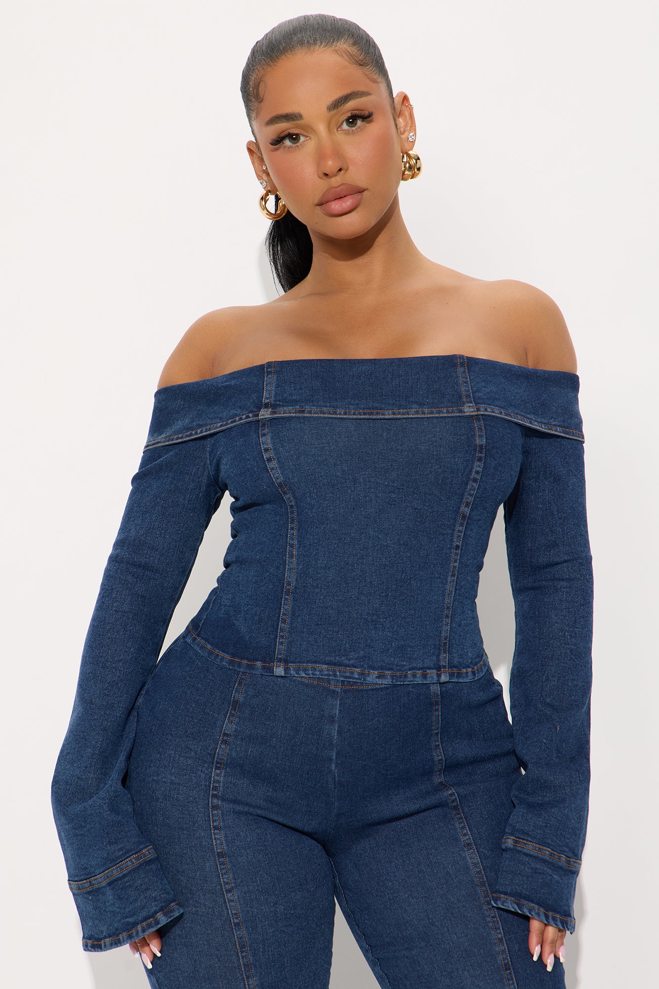 City Lights Off Shoulder Denim Flare Pant Set - Medium Wash