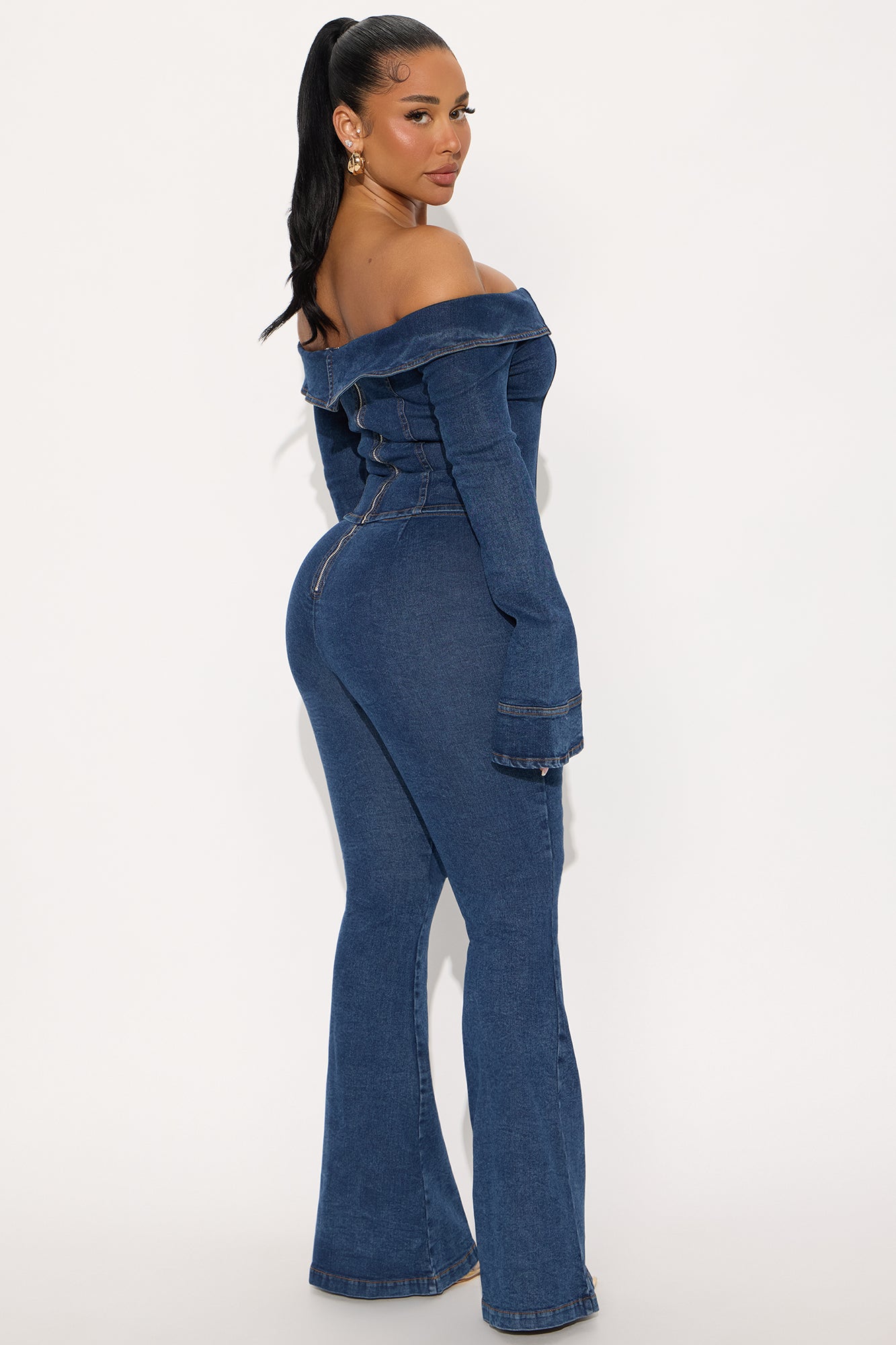 City Lights Off Shoulder Denim Flare Pant Set - Medium Wash