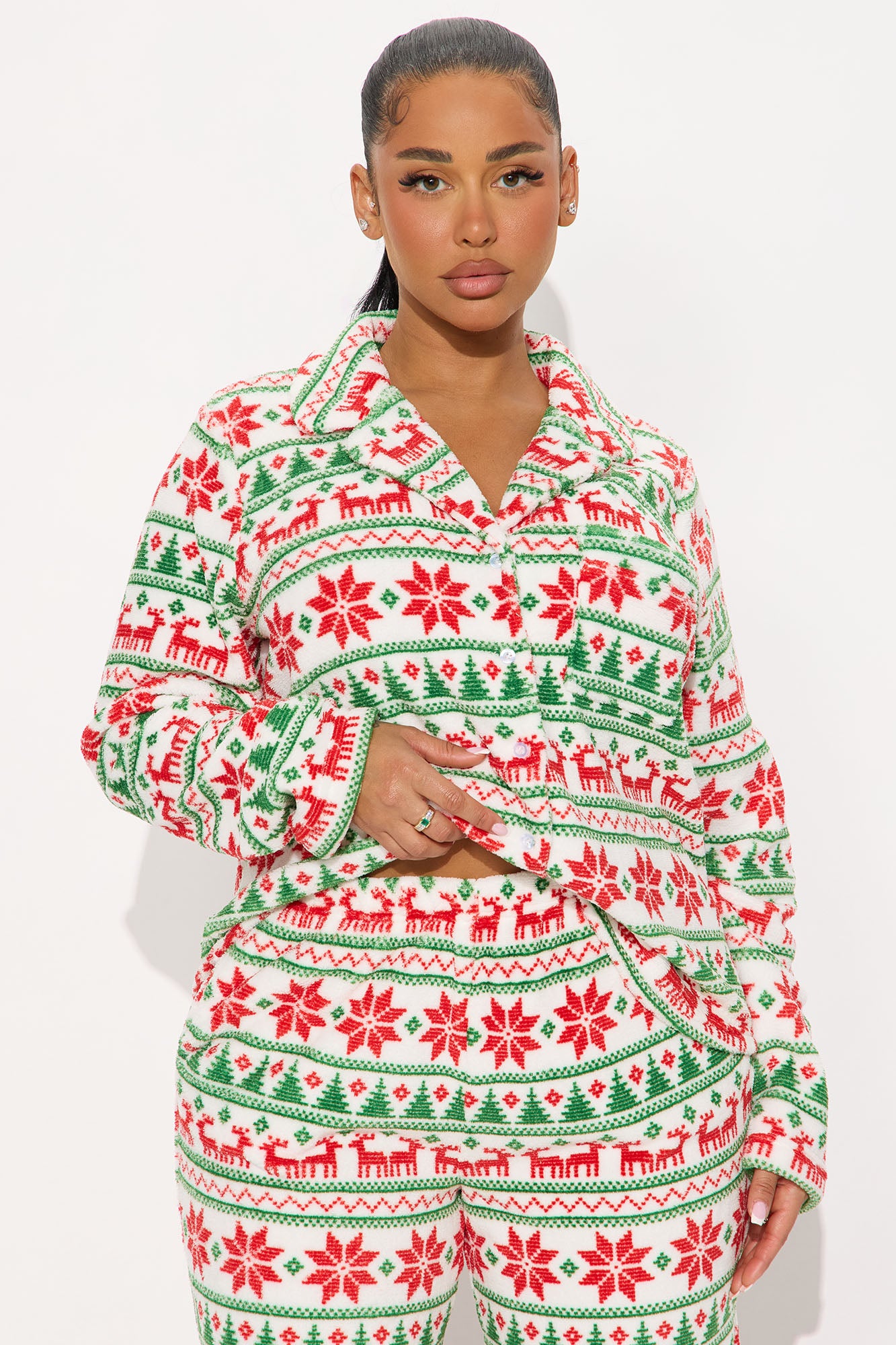Feels Like Christmas Plush Long Sleeve PJ Pant Set - White/combo
