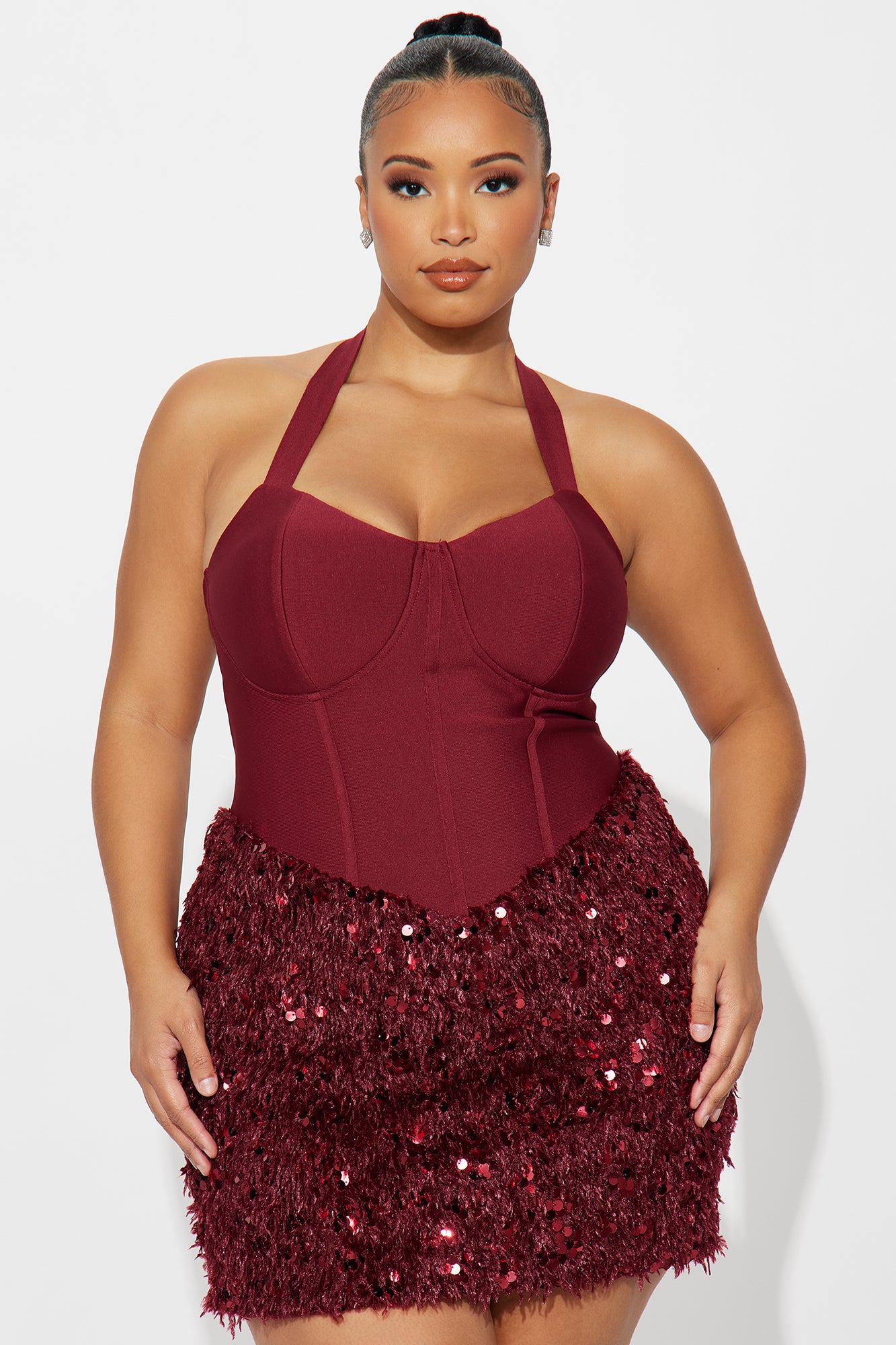 Stop And Stare Fur Trim Bandage Mini Dress - Wine