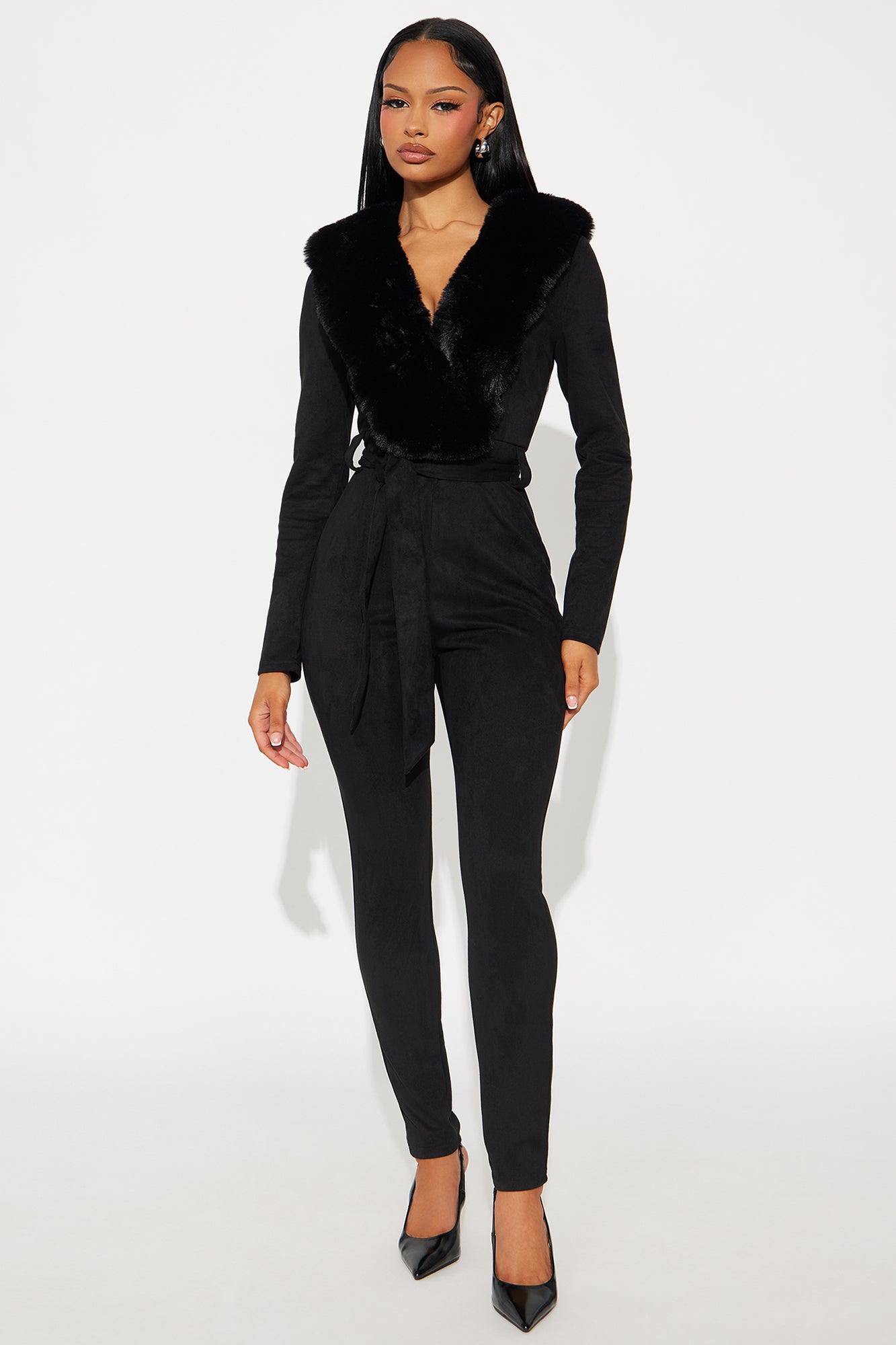Hard To Handle Faux Suede Fur Trim Jumpsuit - Black